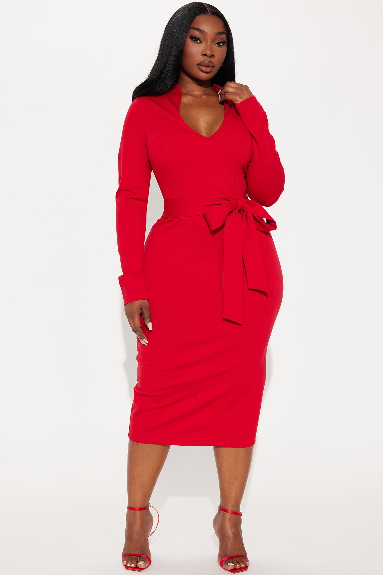 Flourish And Finesse Belted Midi Dress - Red