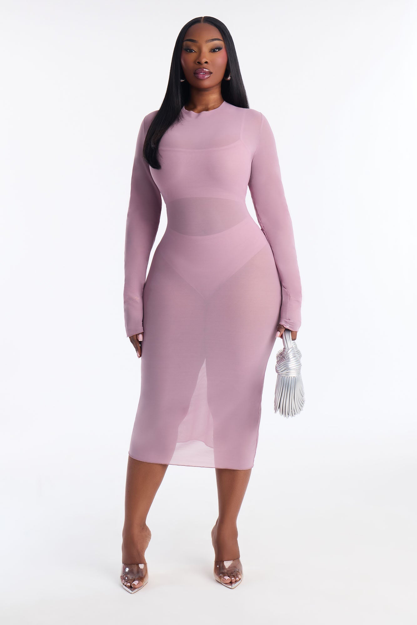 Power Mesh Long Sleeve Midi Dress - Lavender