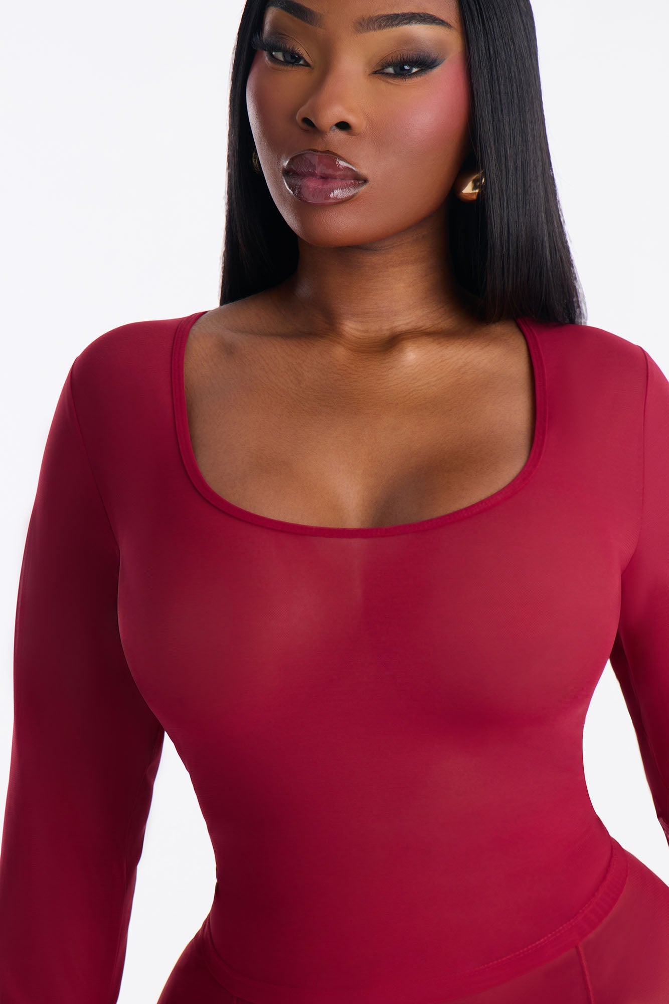 Power Mesh Scoop Long Sleeve Top And Skinny Pant Set - DarkRed