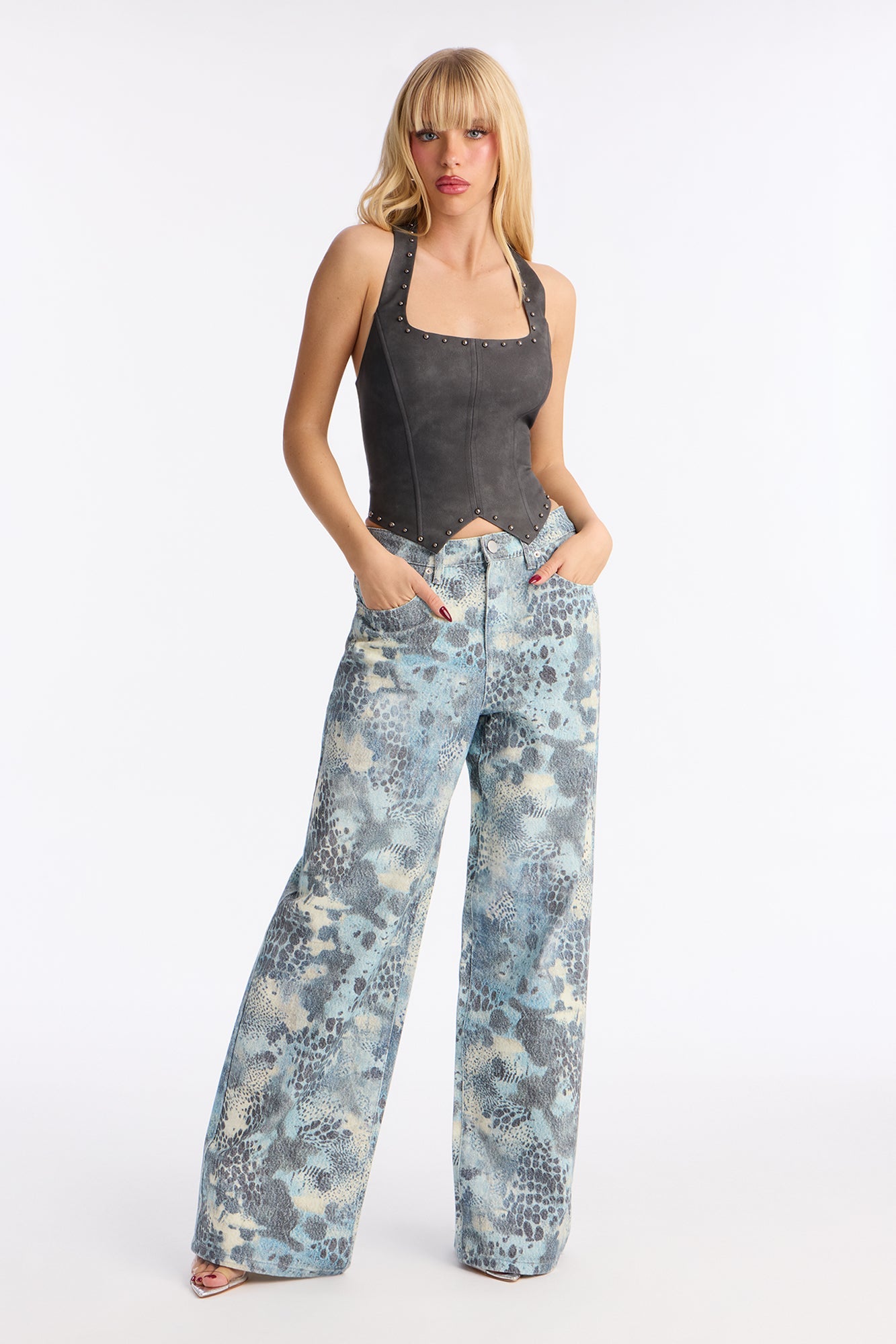 On The Hunt Leopard Camo Wide Leg Jeans - Blue/combo