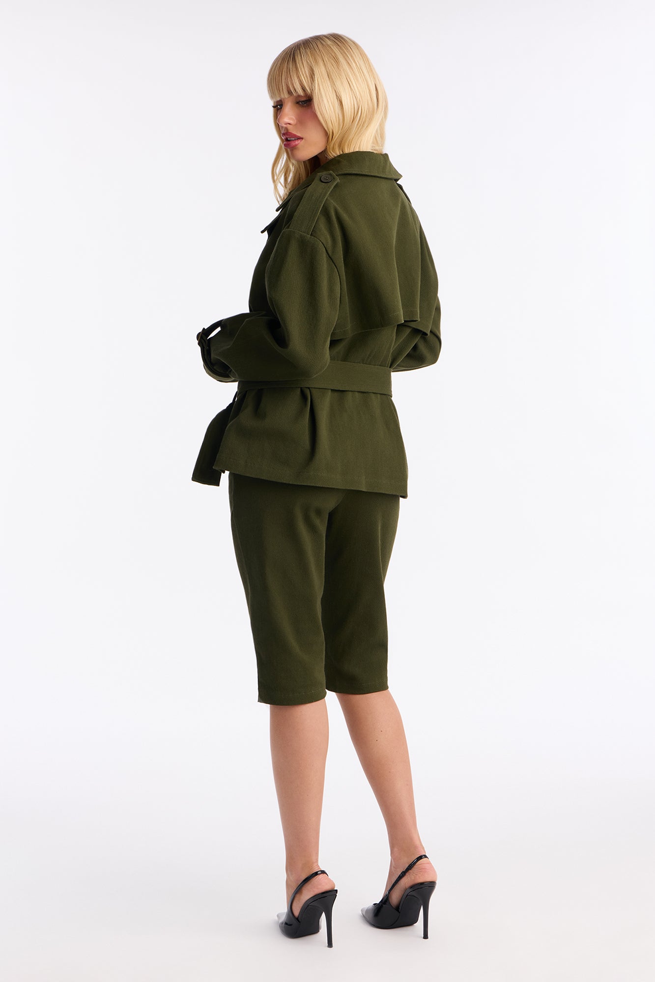 Clementine Twill Trench Jacket Capri Set - Olive