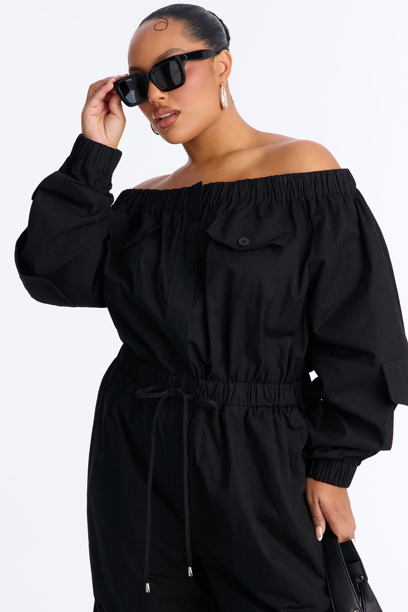 Tasha Off Shoulder Balloon Leg Jumpsuit - Black