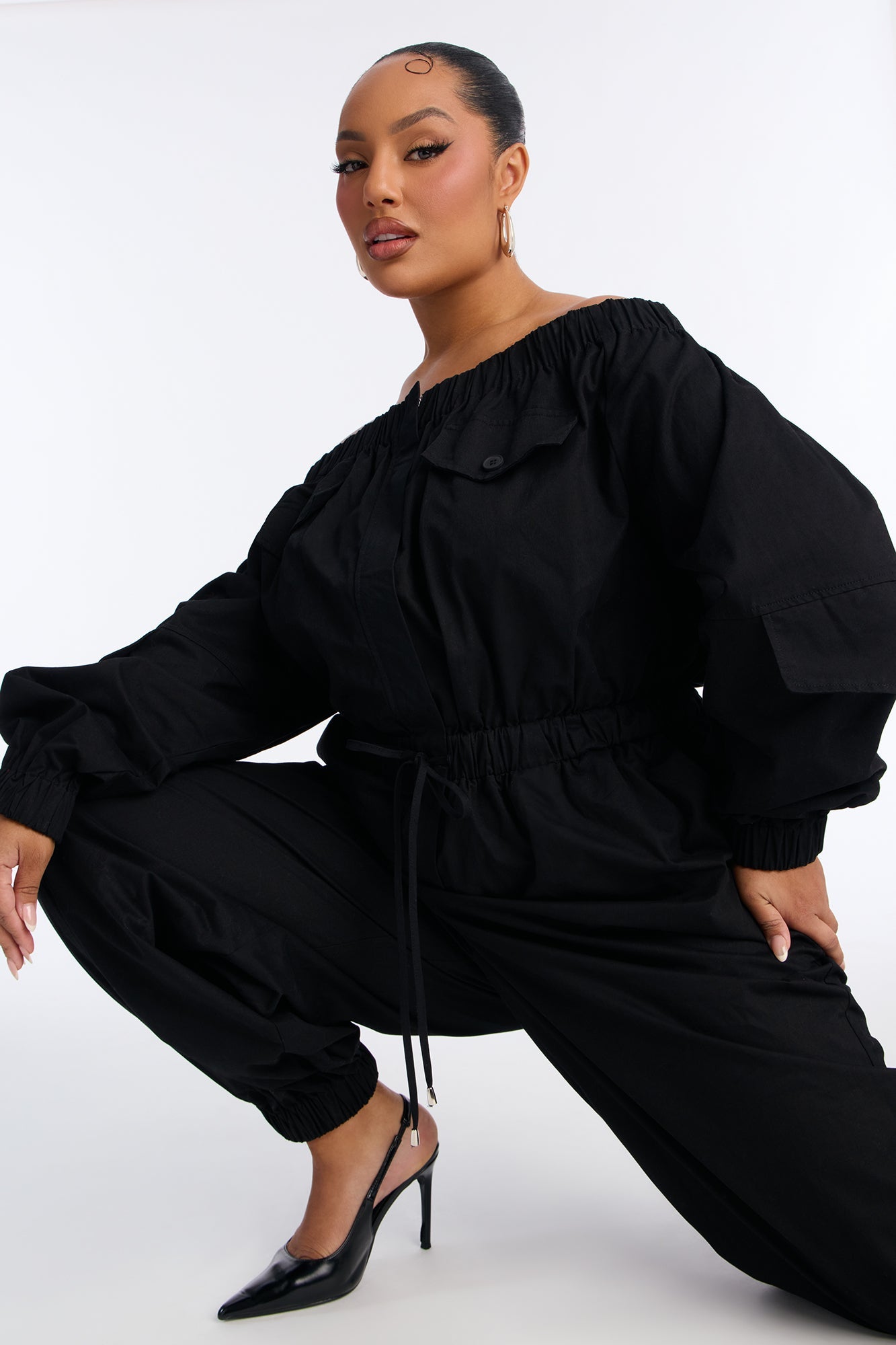 Tasha Off Shoulder Balloon Leg Jumpsuit - Black