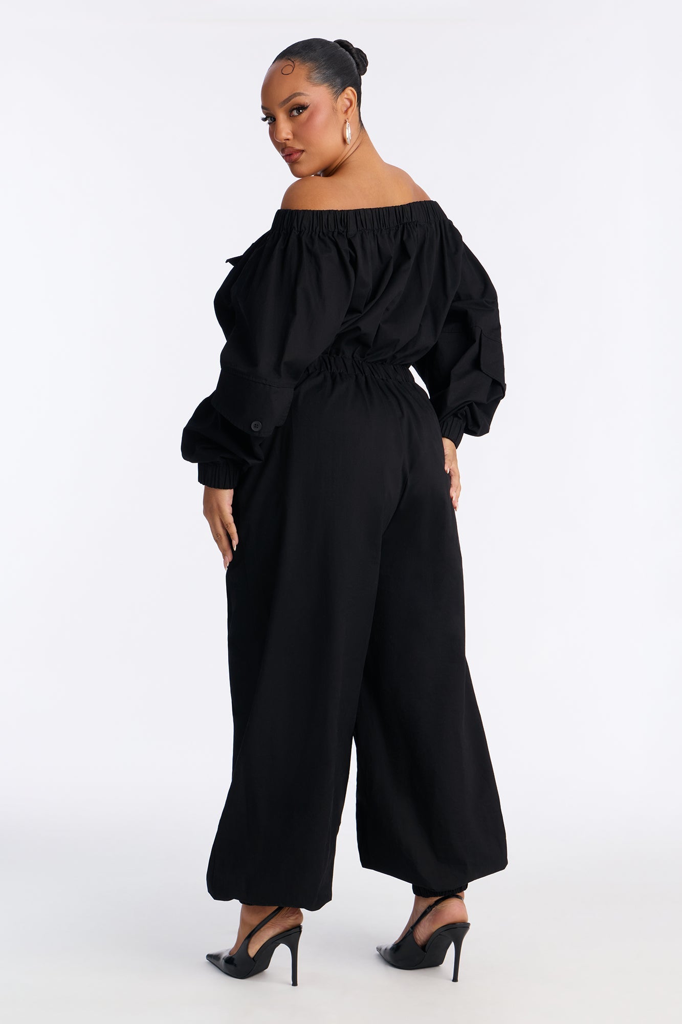 Tasha Off Shoulder Balloon Leg Jumpsuit - Black