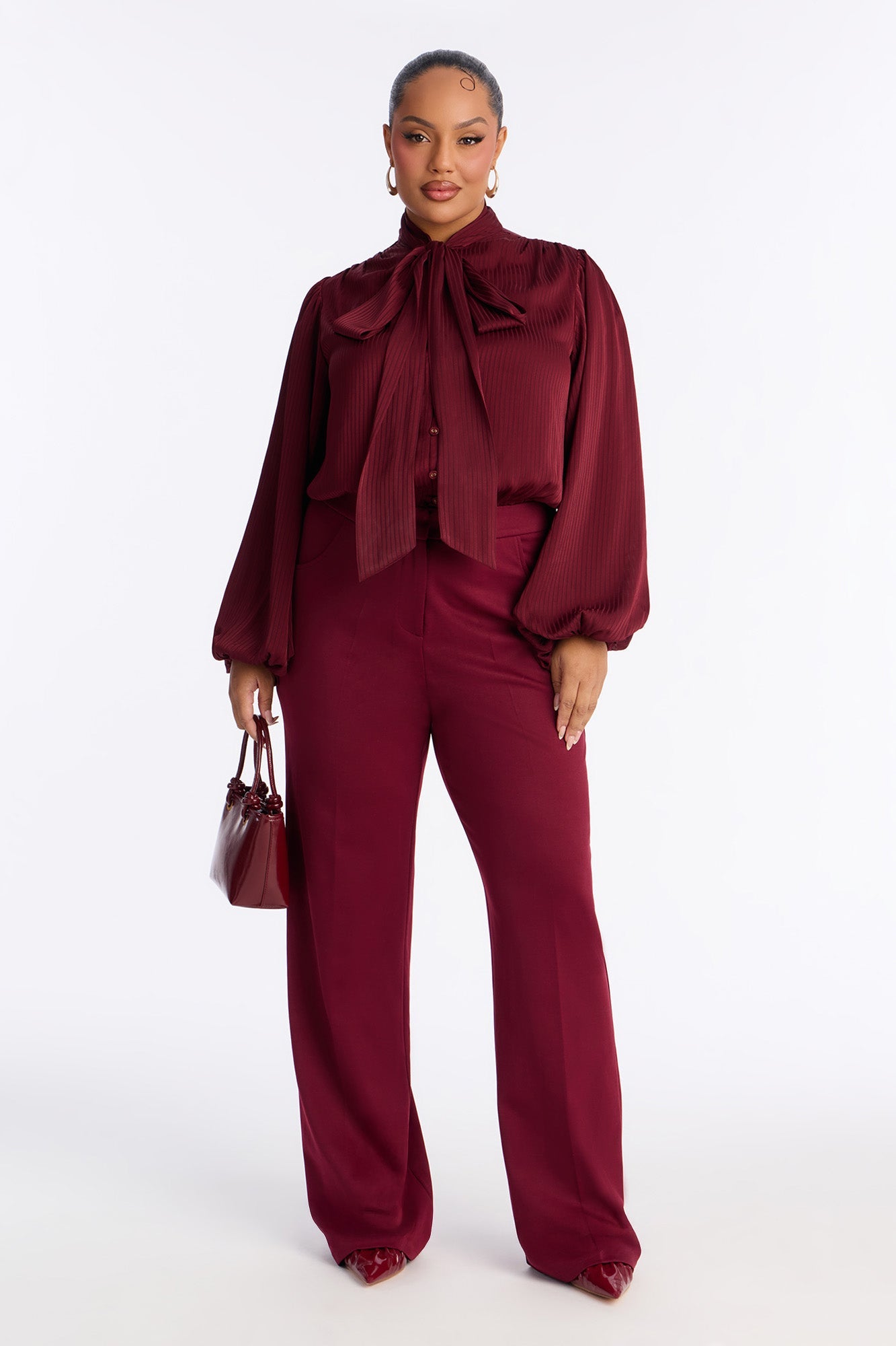 Power Play Long Sleeve Wide Leg Jumpsuit - Wine