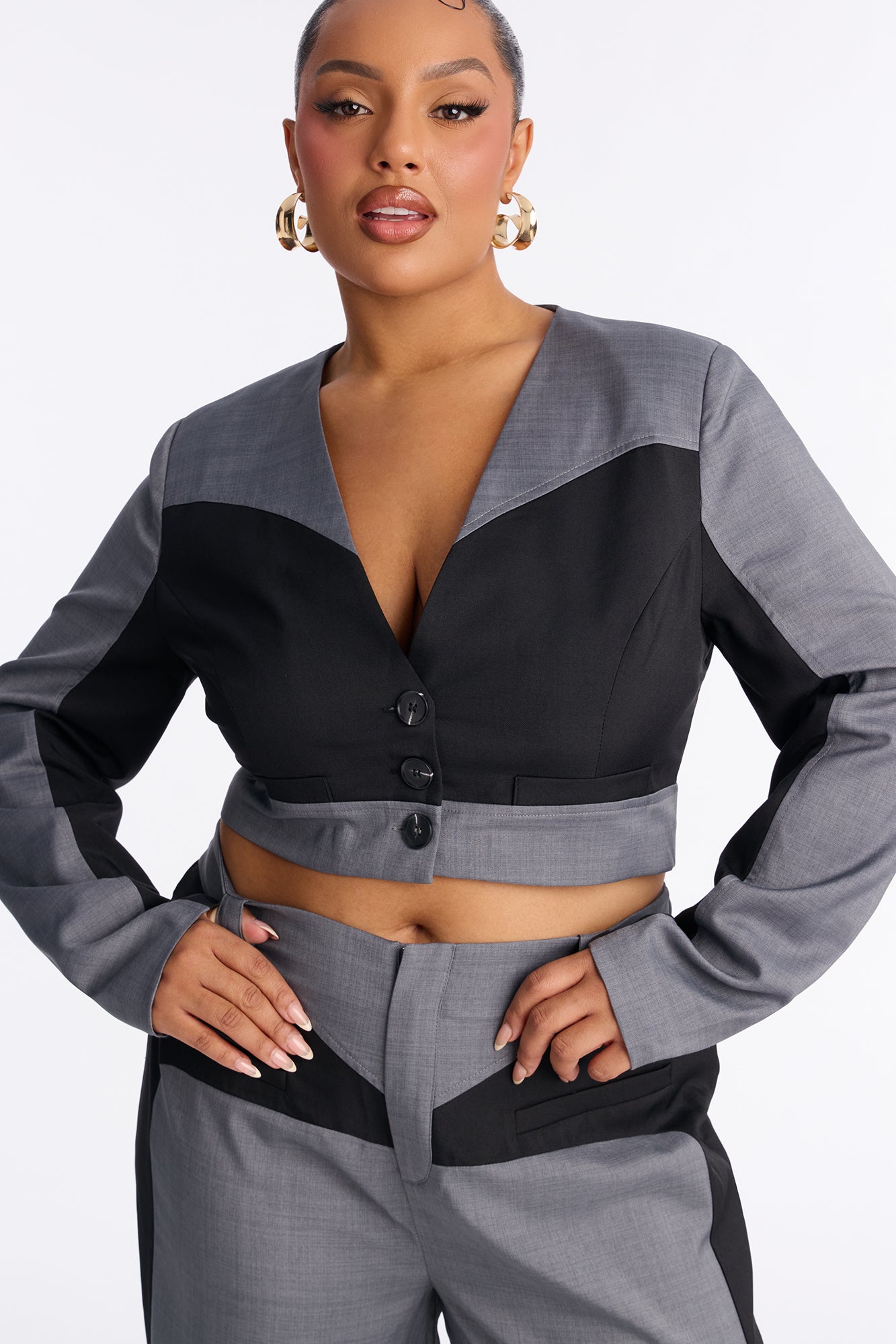 She Runs Things Cropped Blazer Pant Set - Grey/combo