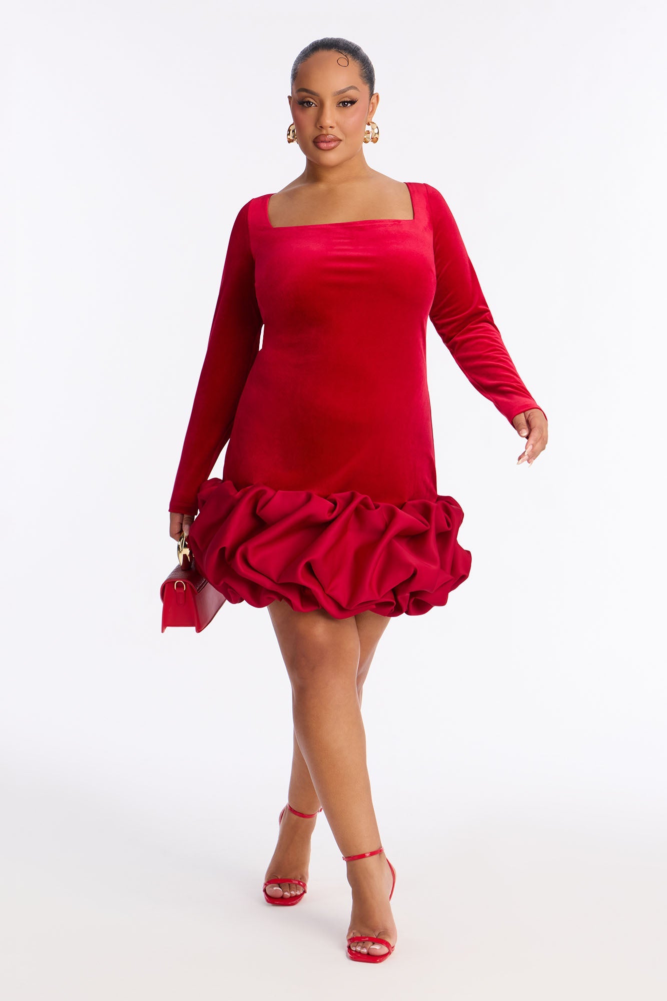Sienna Velvet Long Sleeve Mini Dress - Red