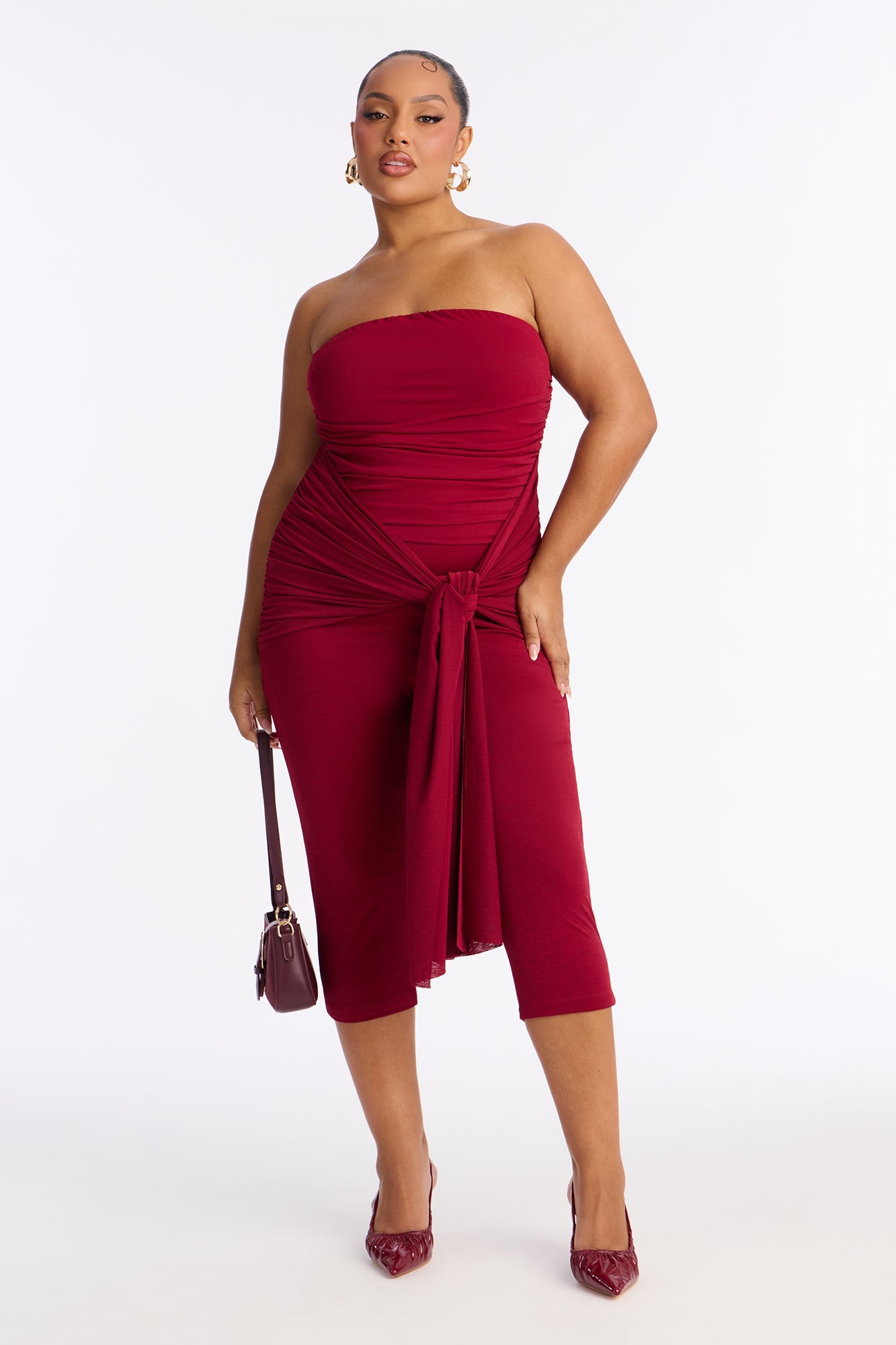 Emma Ruched Capri Jumpsuit - Burgundy