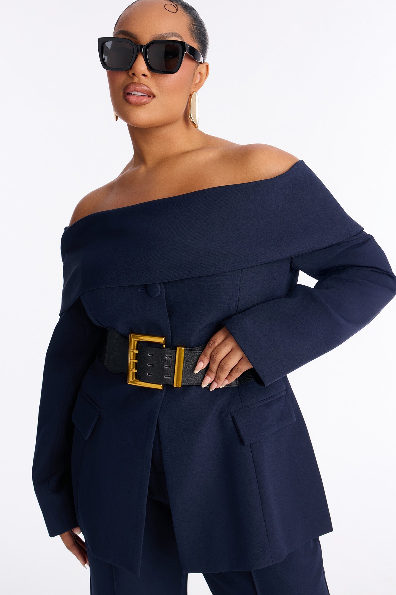 Bethany Off Shoulder Belted Pant Set - Navy