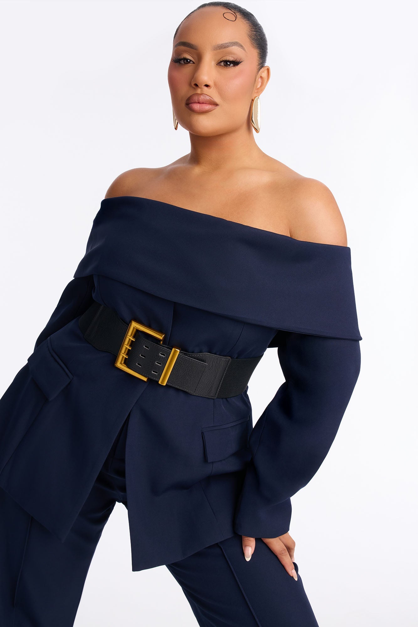 Bethany Off Shoulder Belted Pant Set - Navy