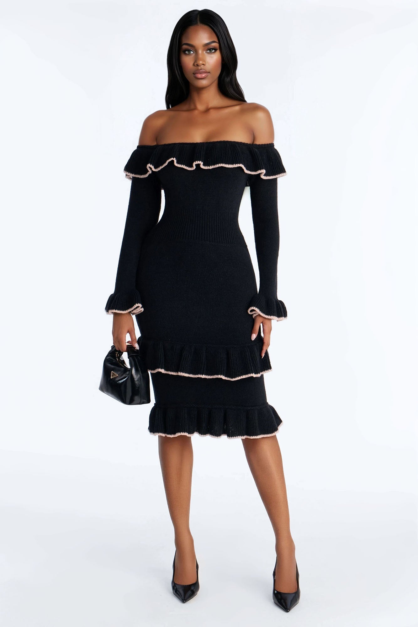 Marianna Ruffle Sweater Midi Dress - Black