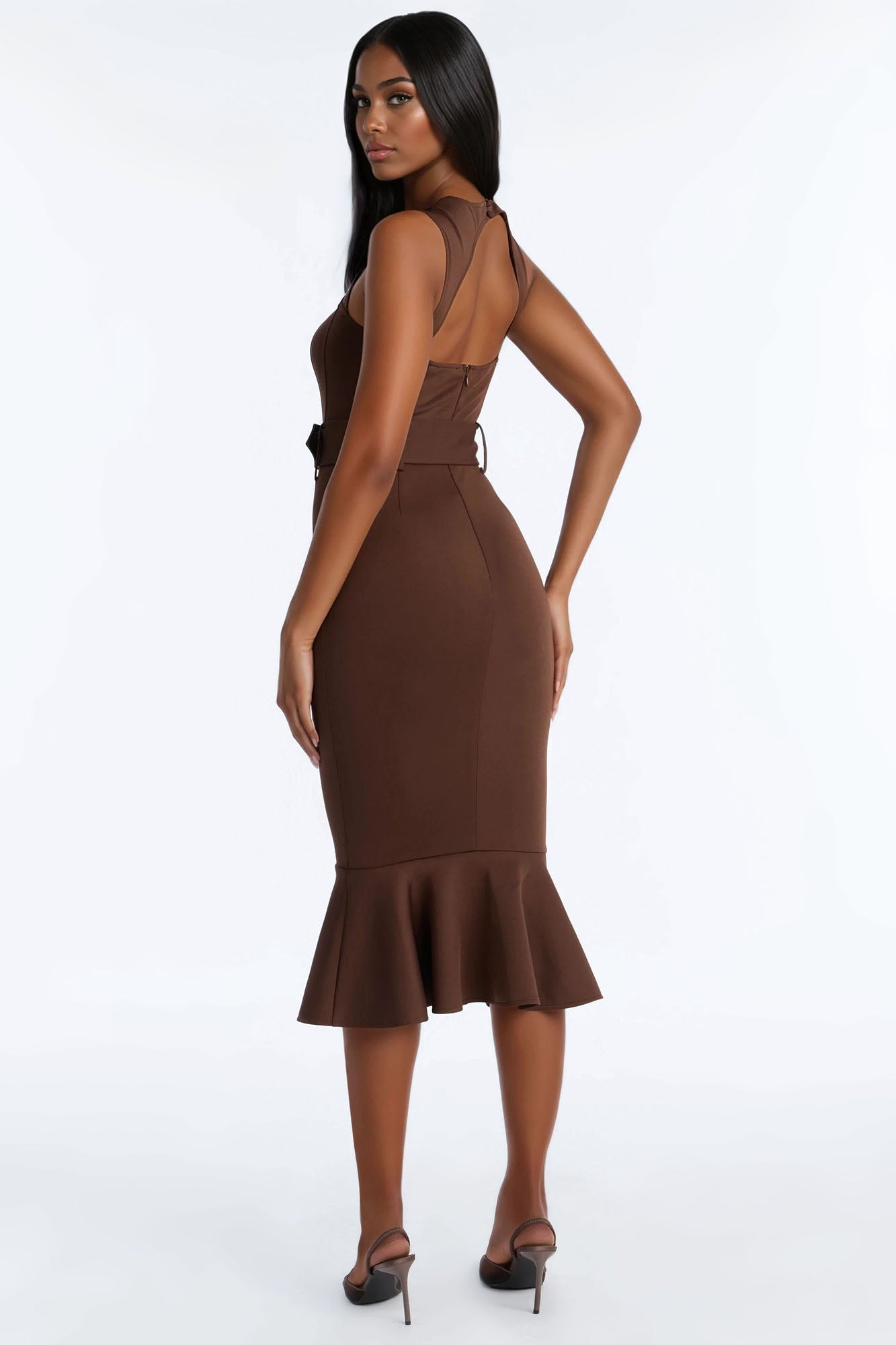 Heather Belted Mermaid Midi Dress - Chocolate