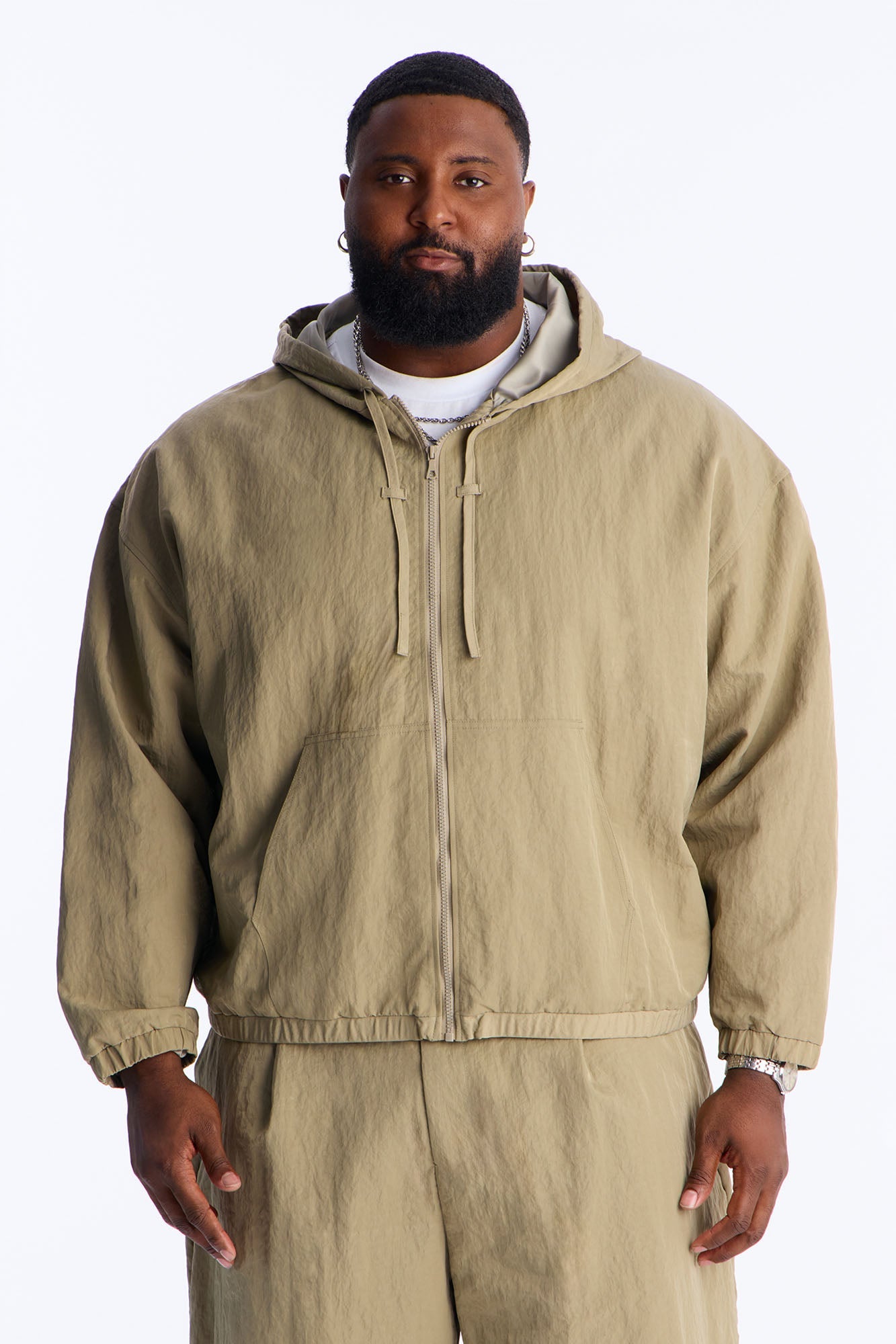 Cropped Hooded Tech Jacket - Khaki