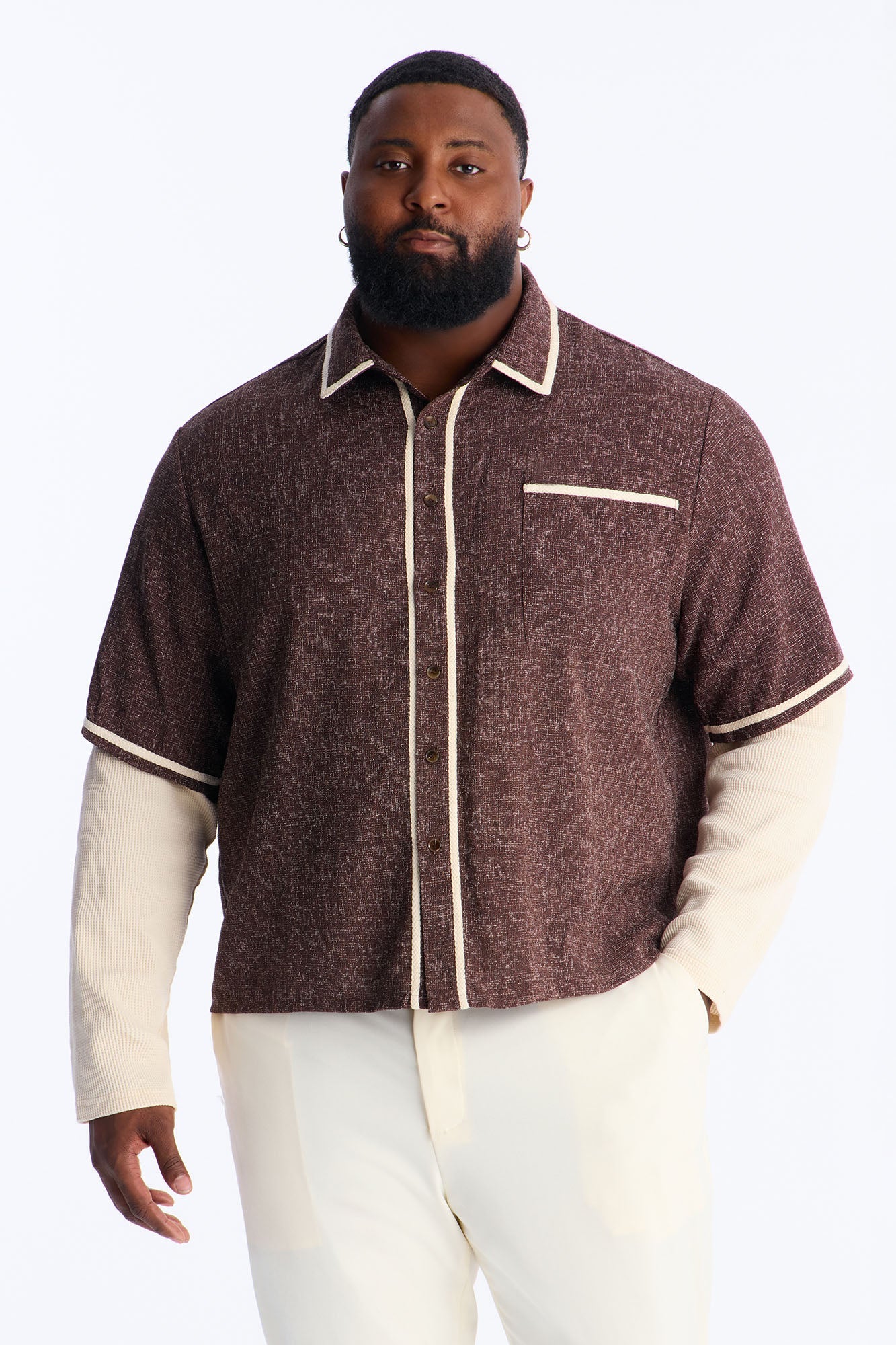 Twofer Button Up Shirt - Brown