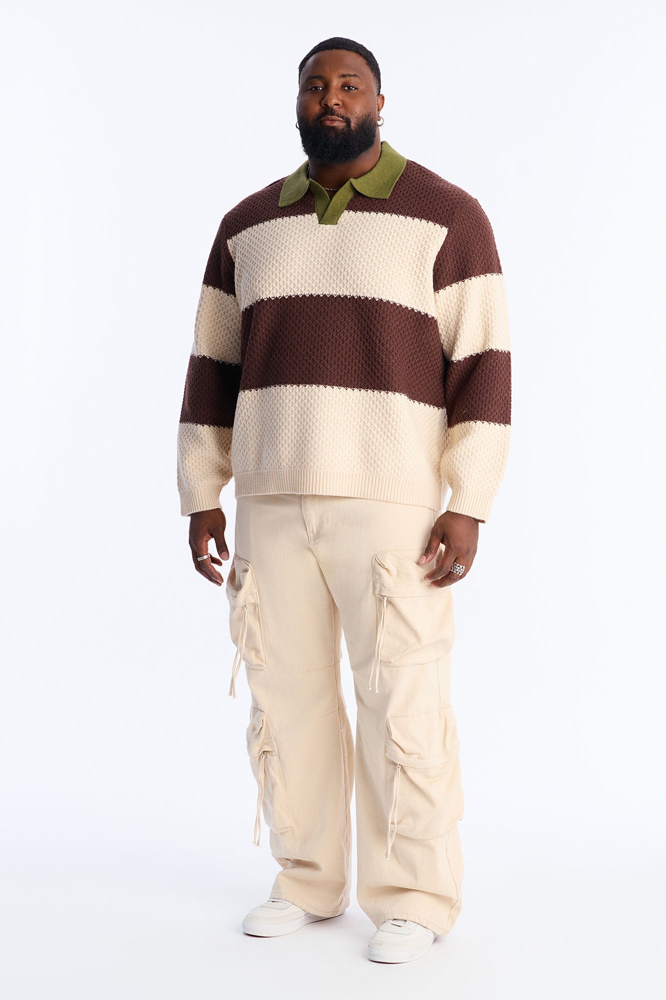 Chunky Striped Polo Sweater - Brown
