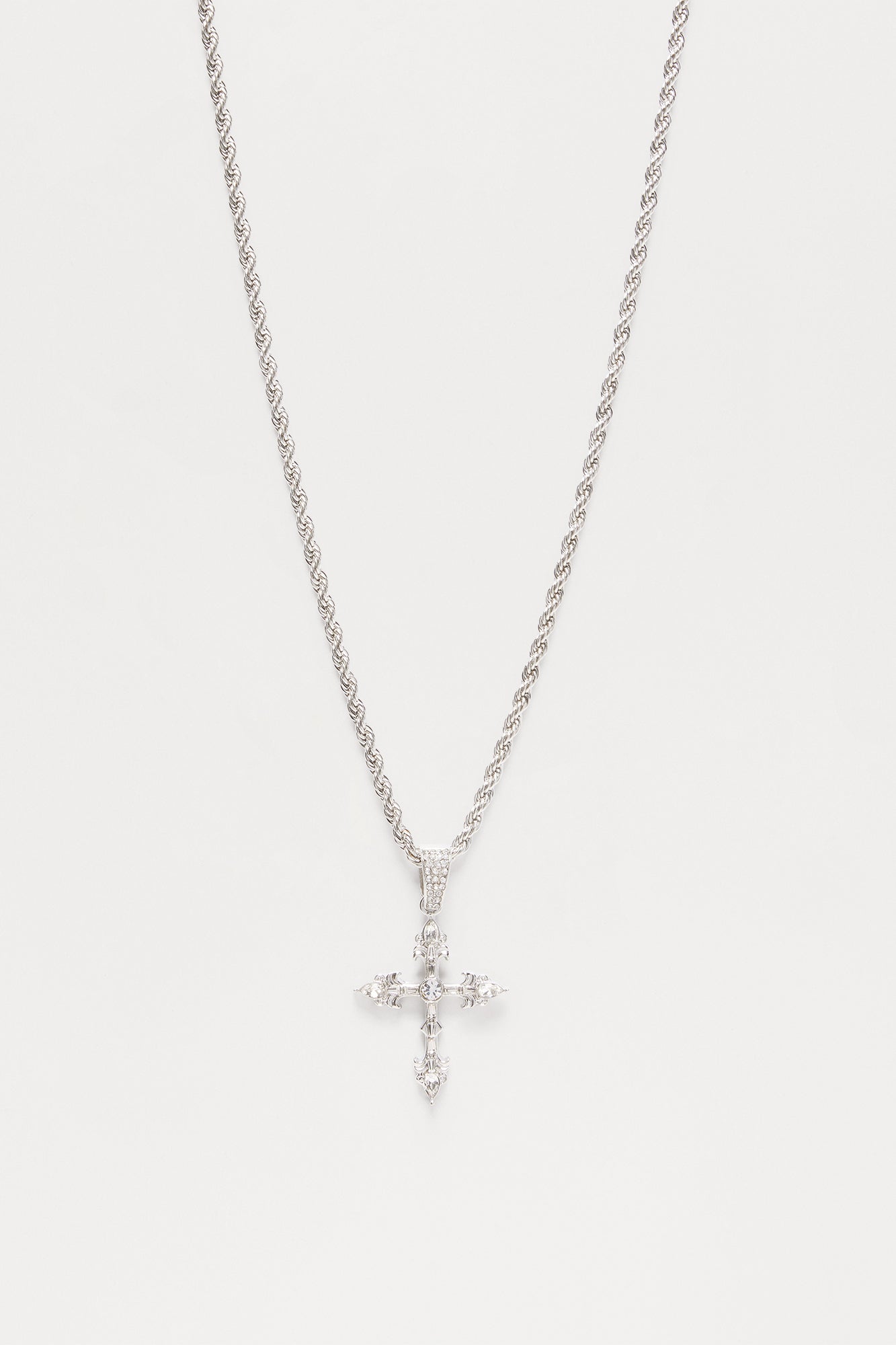 Medium Iced Cross Rope Chain Necklace - Silver