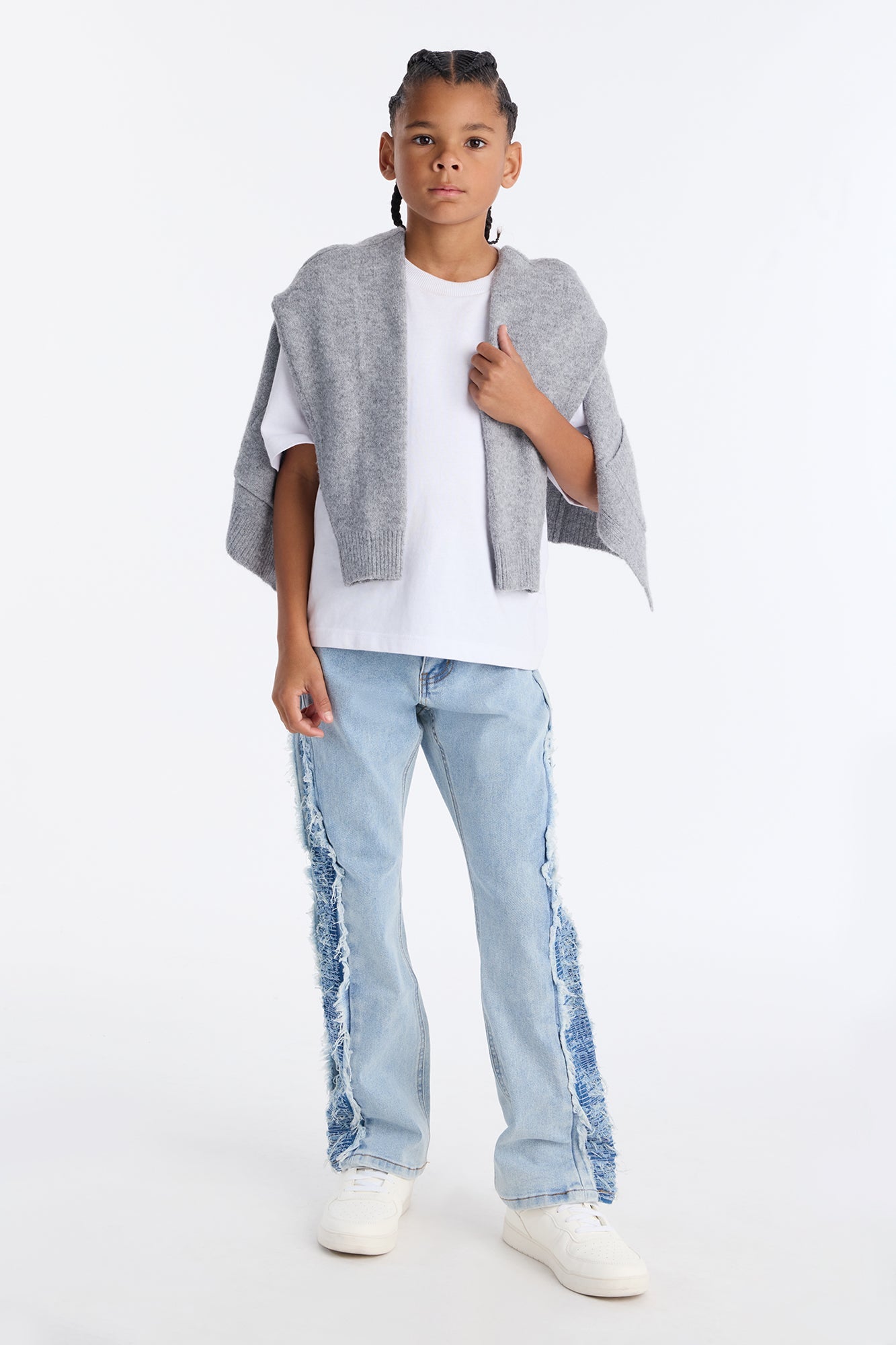 Mini Stacked Slim Flare Fray Panel Jean - Light Blue Wash