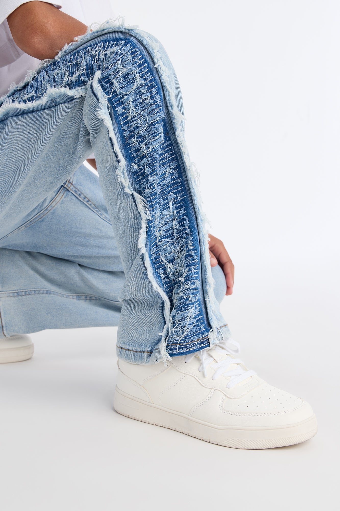 Mini Stacked Slim Flare Fray Panel Jean - Light Blue Wash