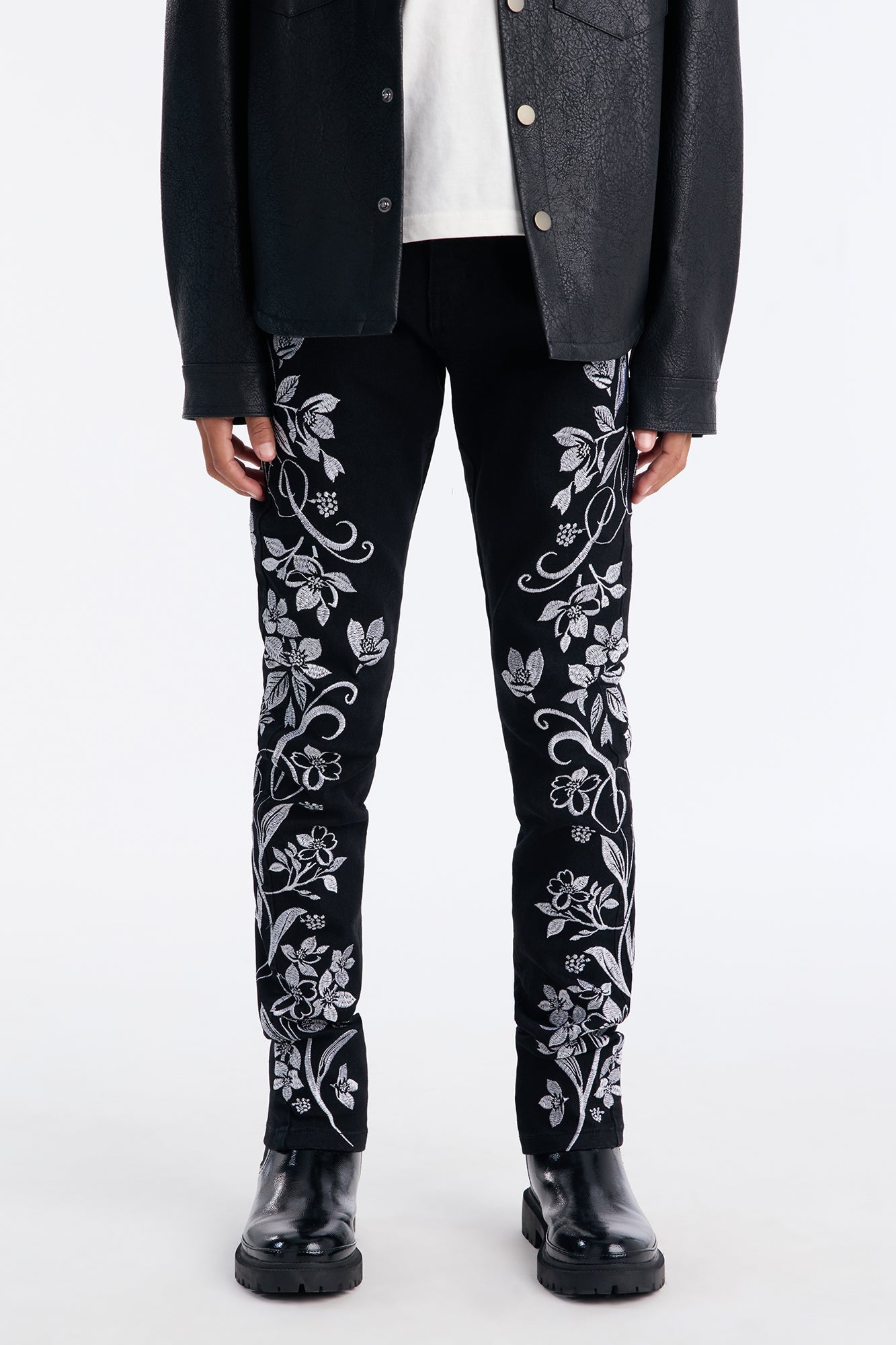 Mini Stacked Skinny Floral Embroidered Jean - Black