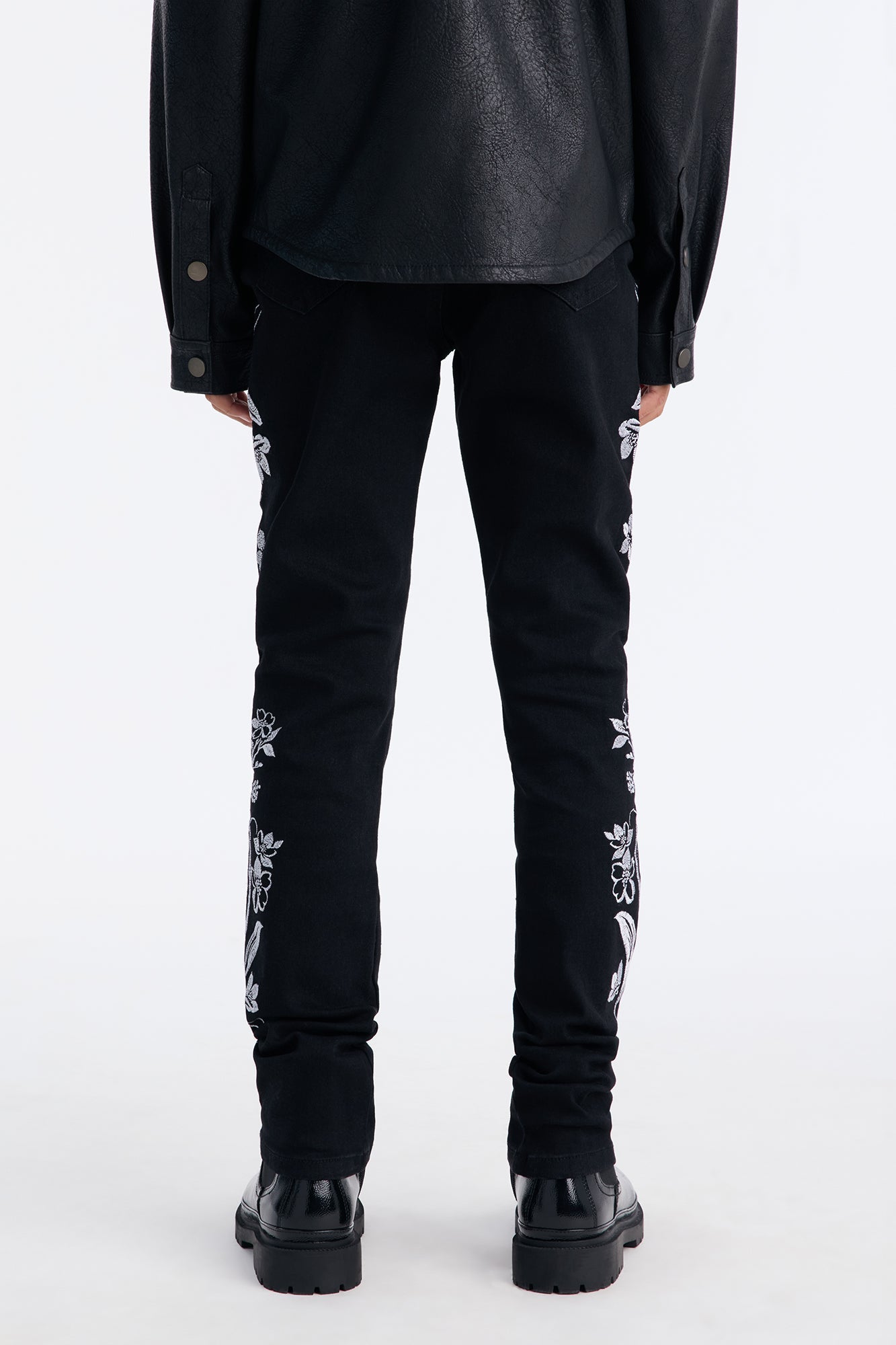Mini Stacked Skinny Floral Embroidered Jean - Black