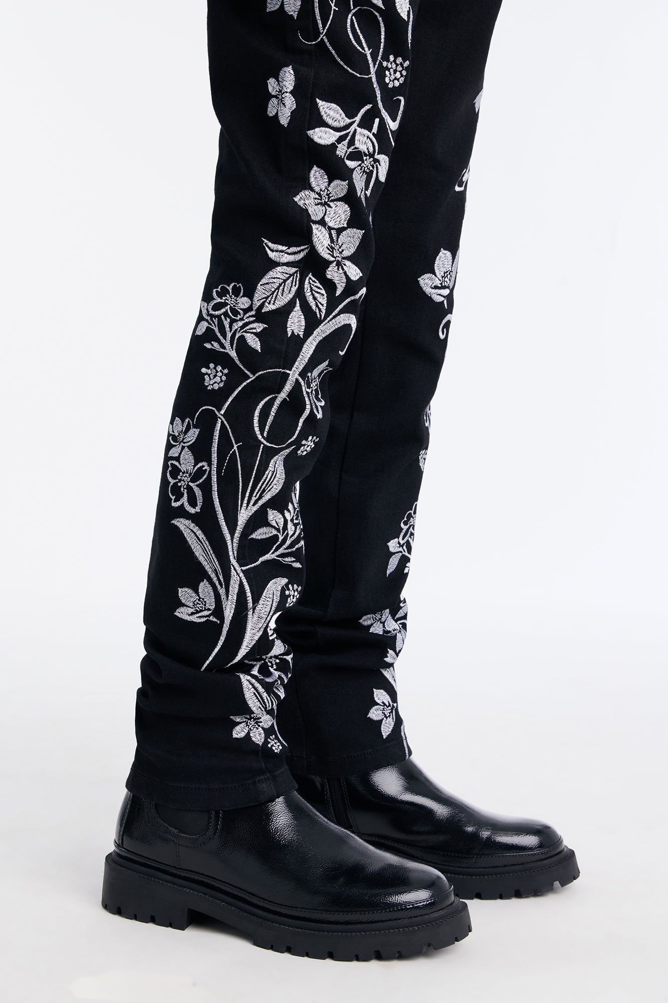 Mini Stacked Skinny Floral Embroidered Jean - Black