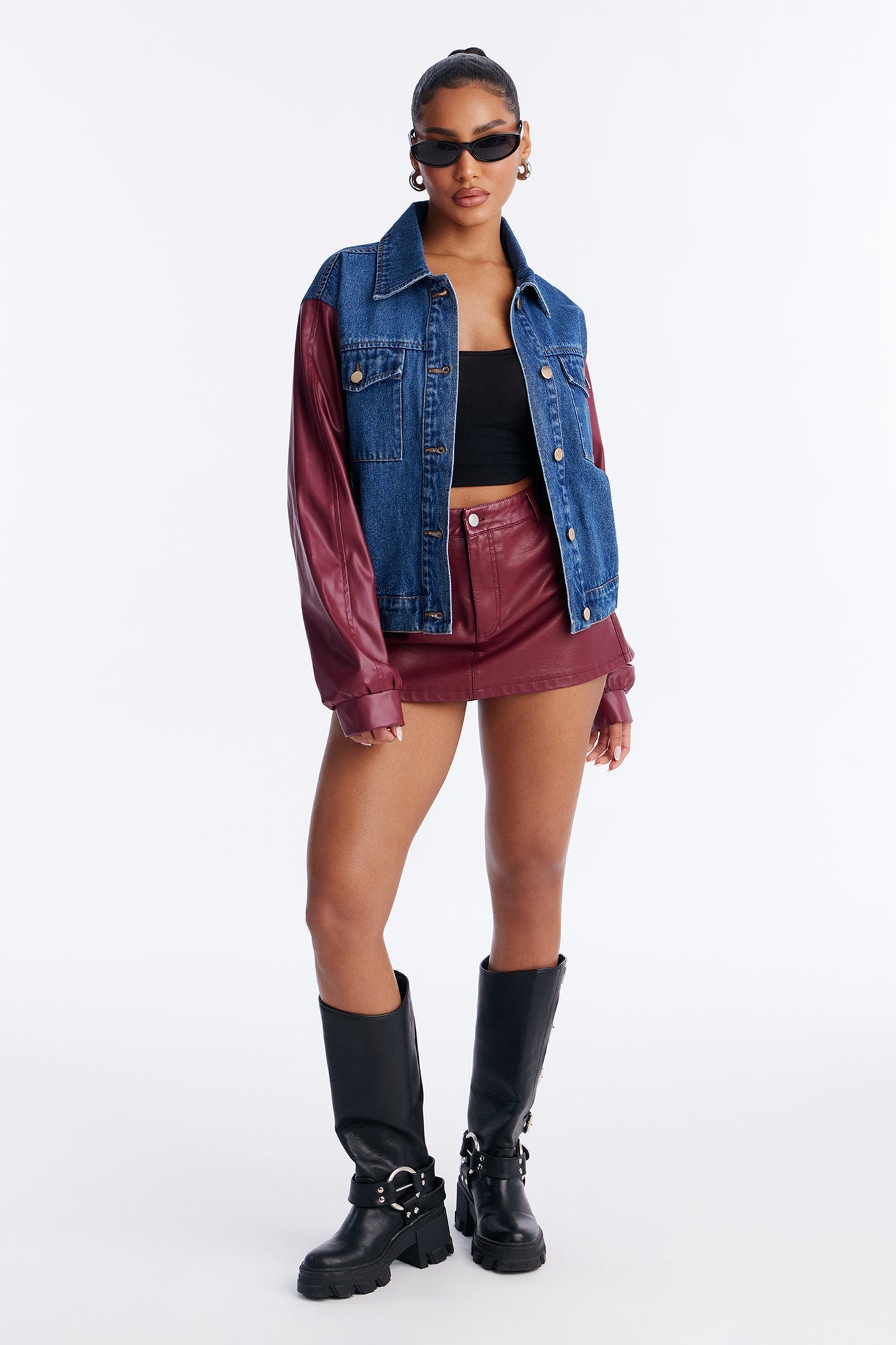 Hotwired Faux Leather Bomber Jacket - Medium Wash