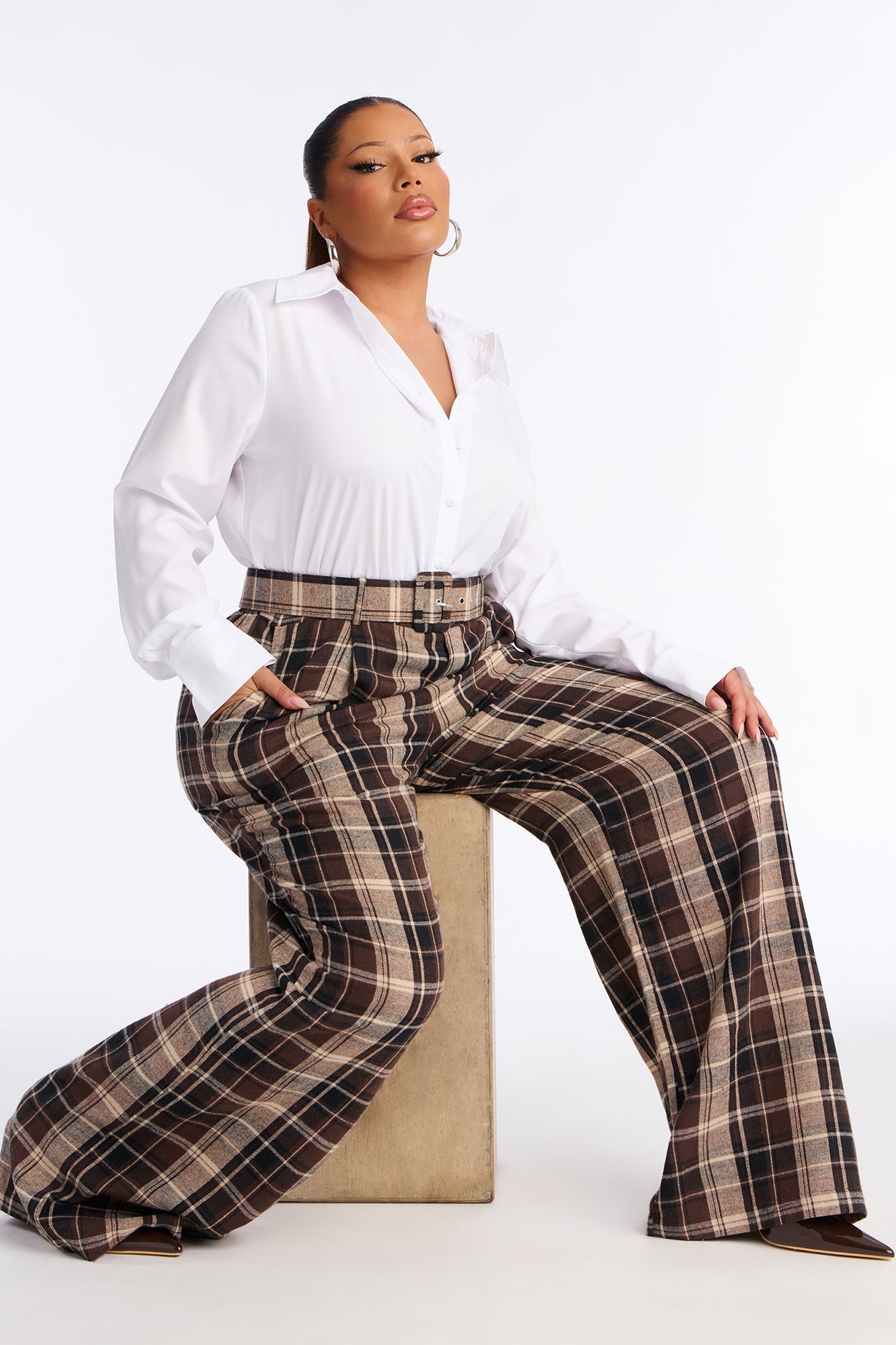 Breanna Flannel Plaid Wide Leg Collar Jumpsuit - Brown/combo