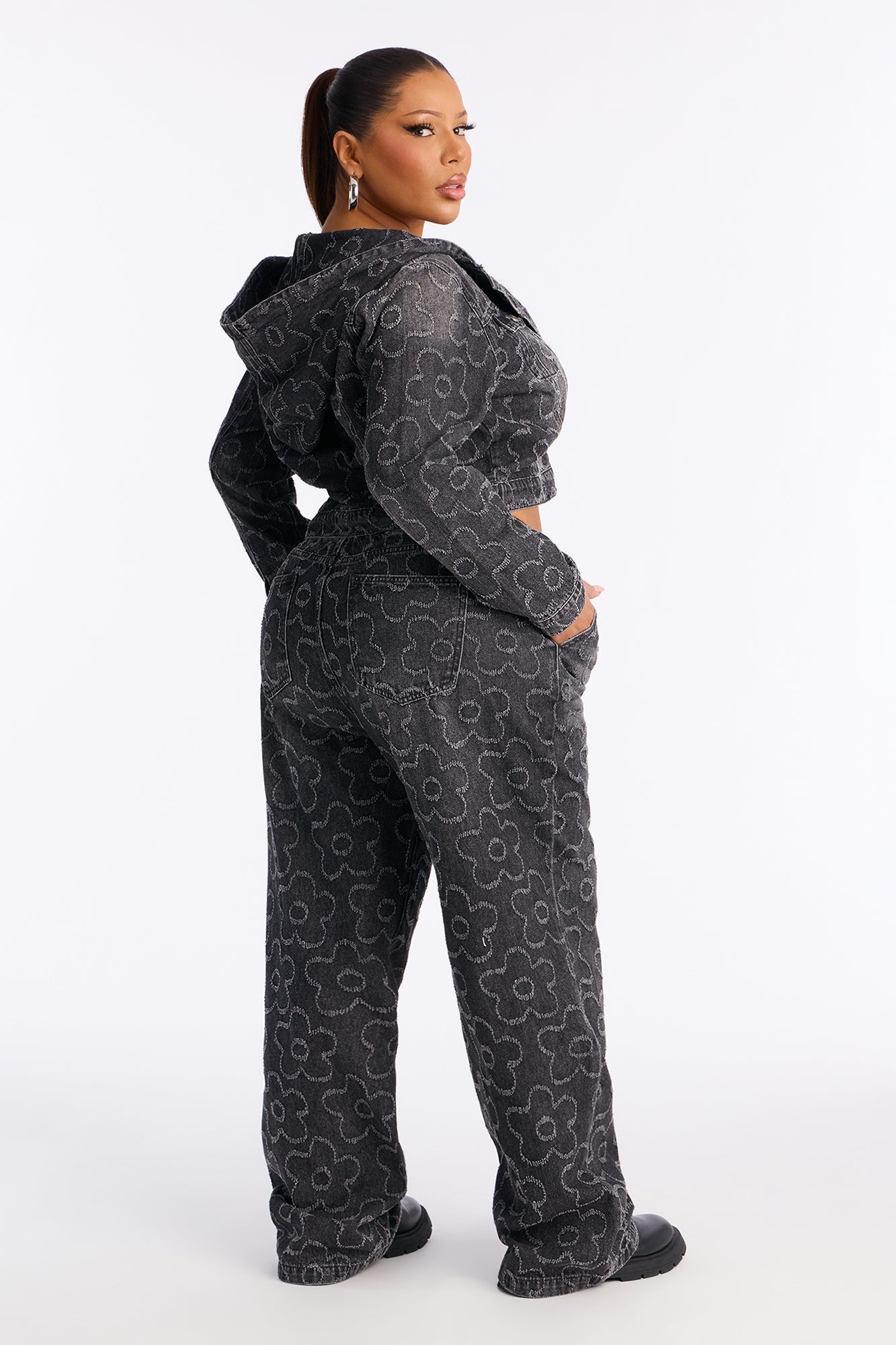 Flower Power Pull On Tie Waist Straight Leg Jeans - Dark Grey