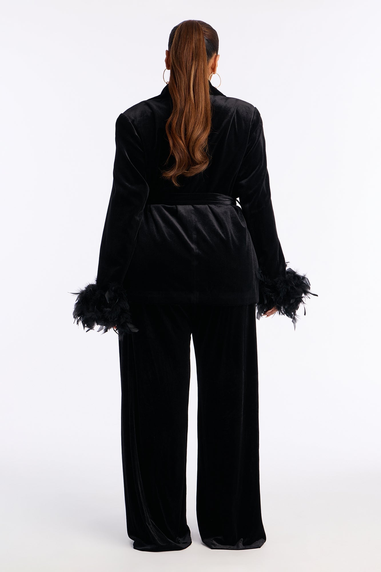 Kris Feathered Velvet Blazer Pant Set - Black