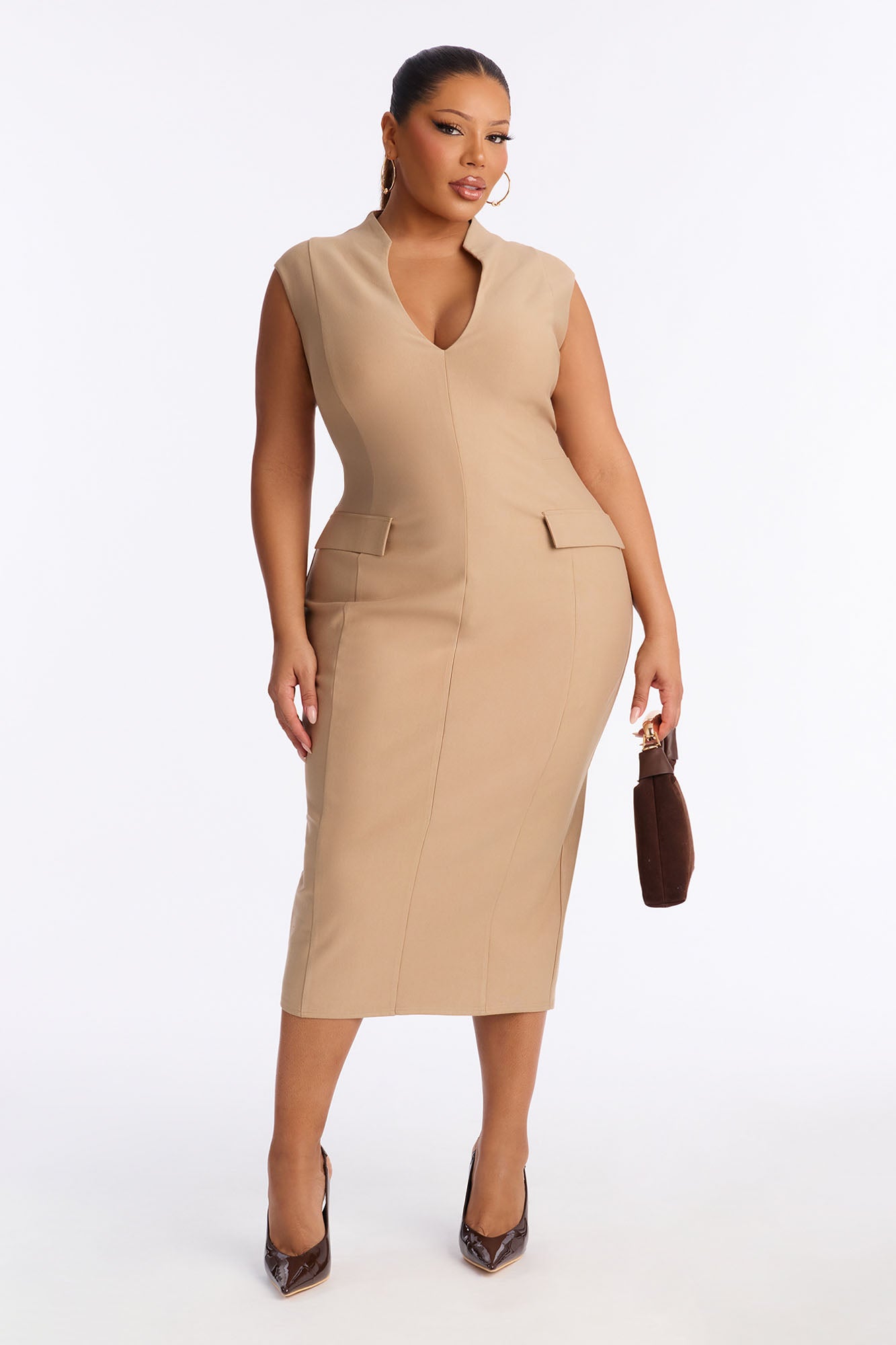 Busy Woman Body Sculpting Ponte Midi Dress - Mocha