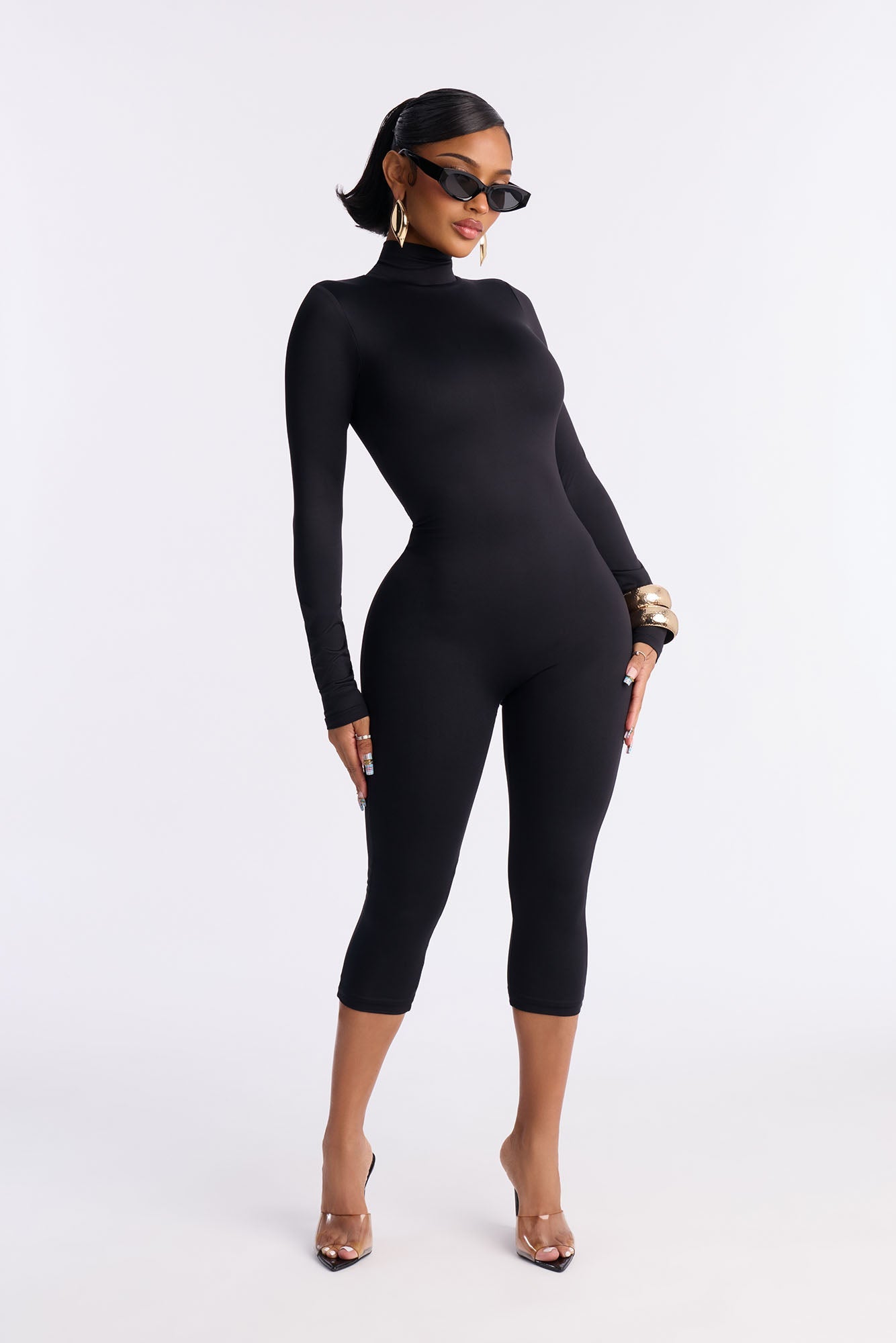 Contour Double Lined Mock Neck Capri Jumpsuit - Black