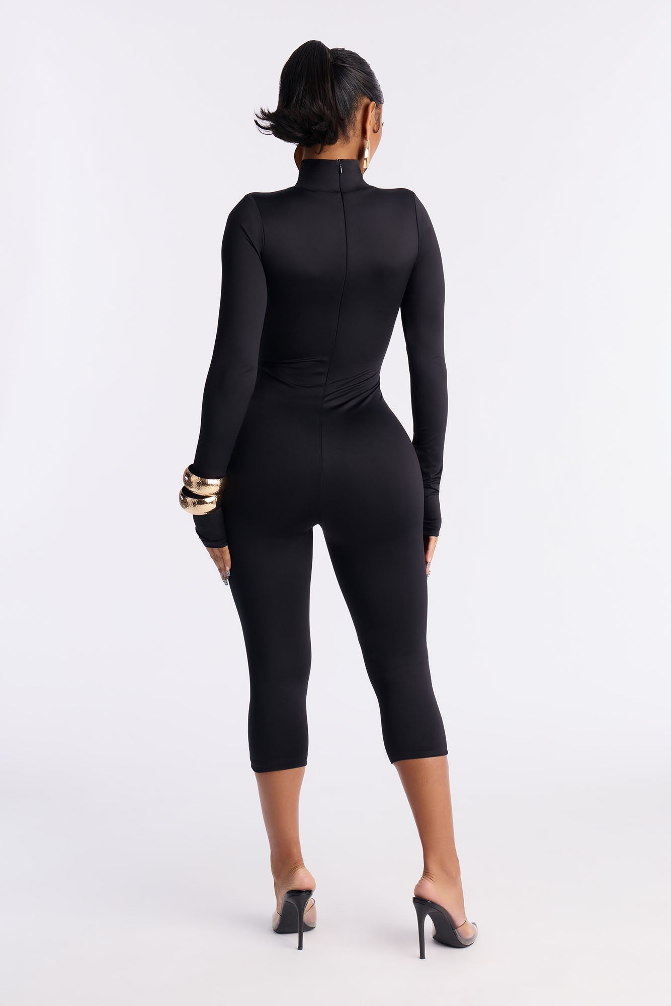 Contour Double Lined Mock Neck Capri Jumpsuit - Black