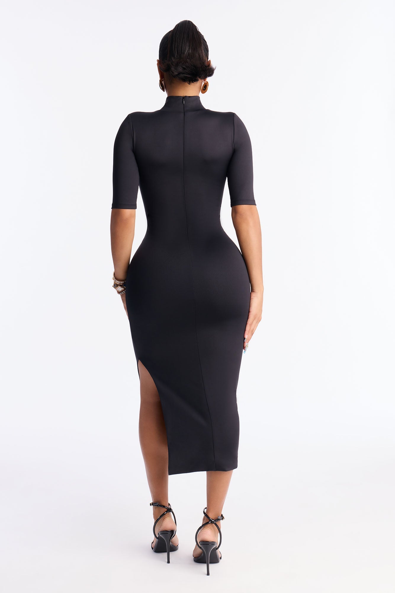 Contour Double Lined Turtle Neck Midi Dress - Black