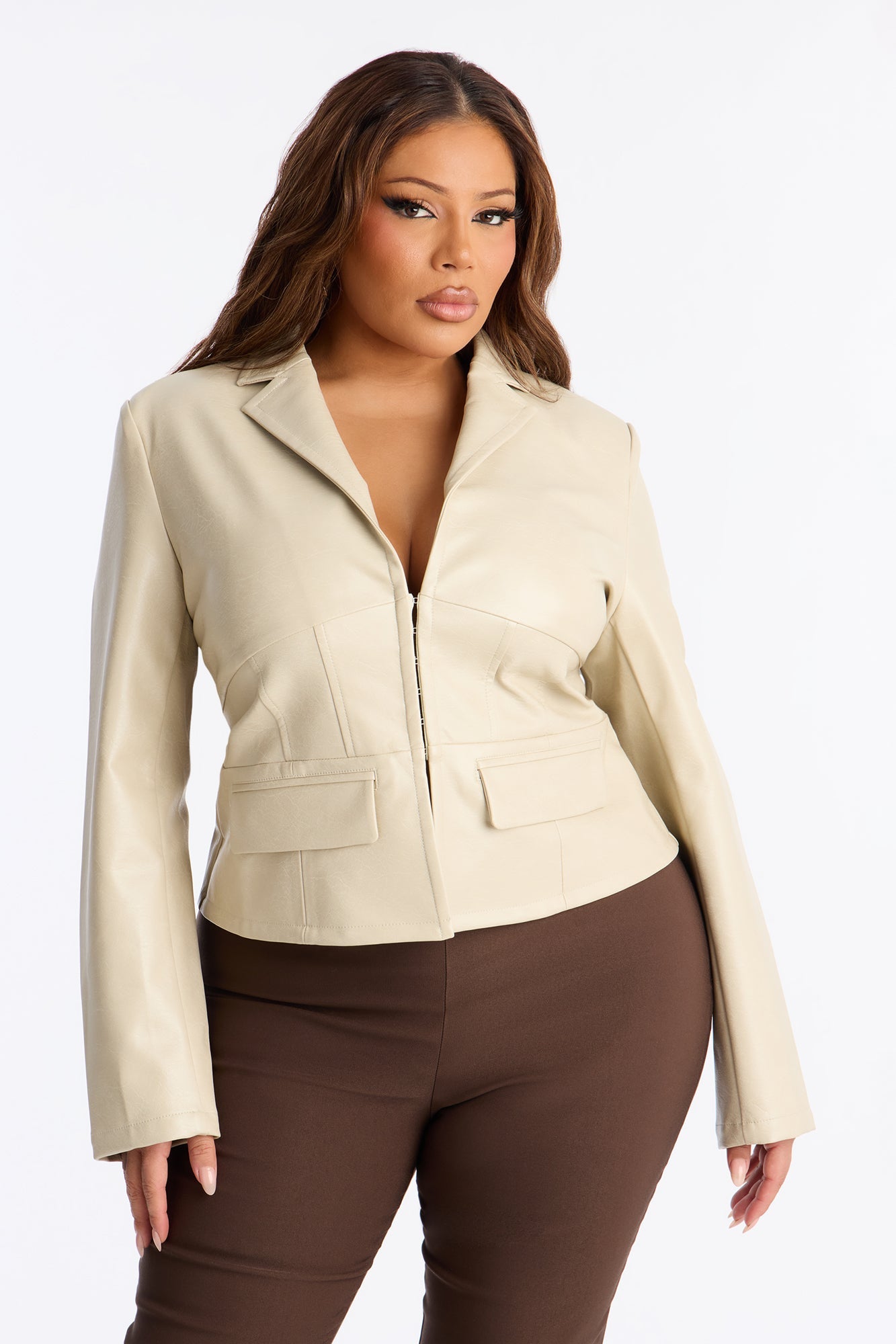 Pretty In Power Fitted Faux Leather Jacket - Stone