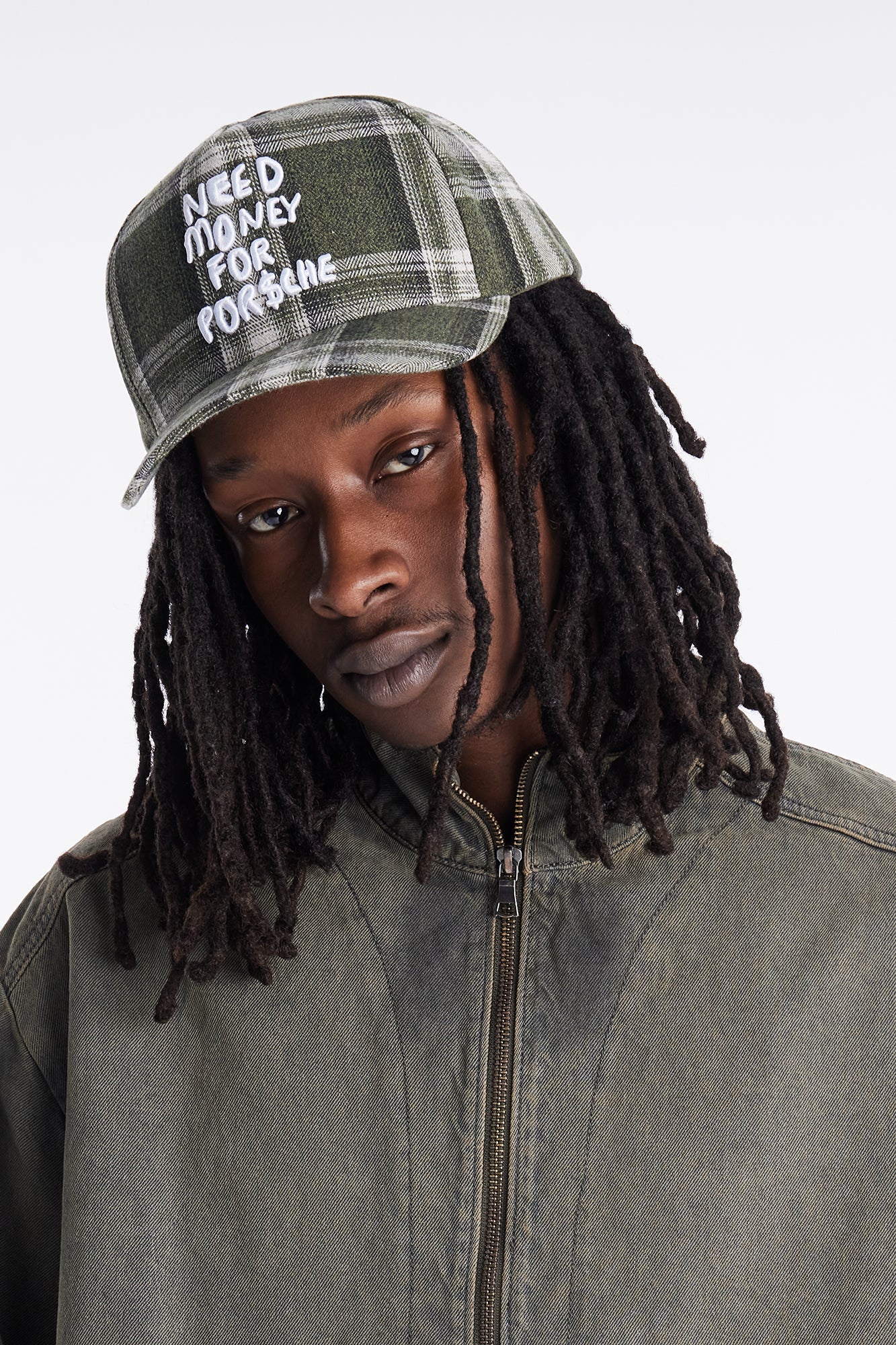 Need Money Structured Flannel Snapback Hat - Green/combo