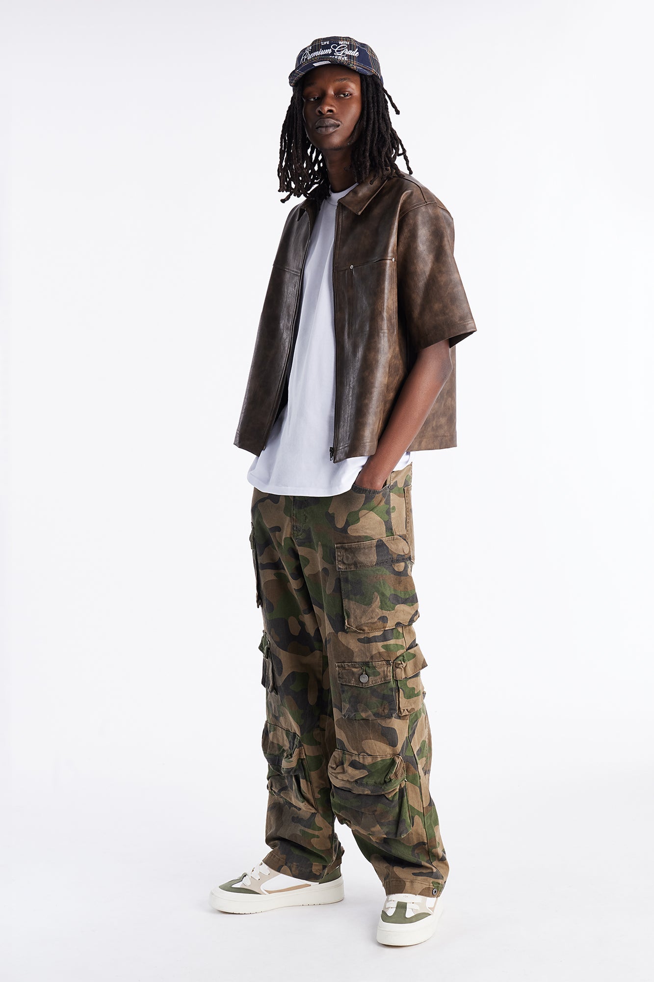 2 Stud Faux Leather Leather Zip Up Shirt - Brown