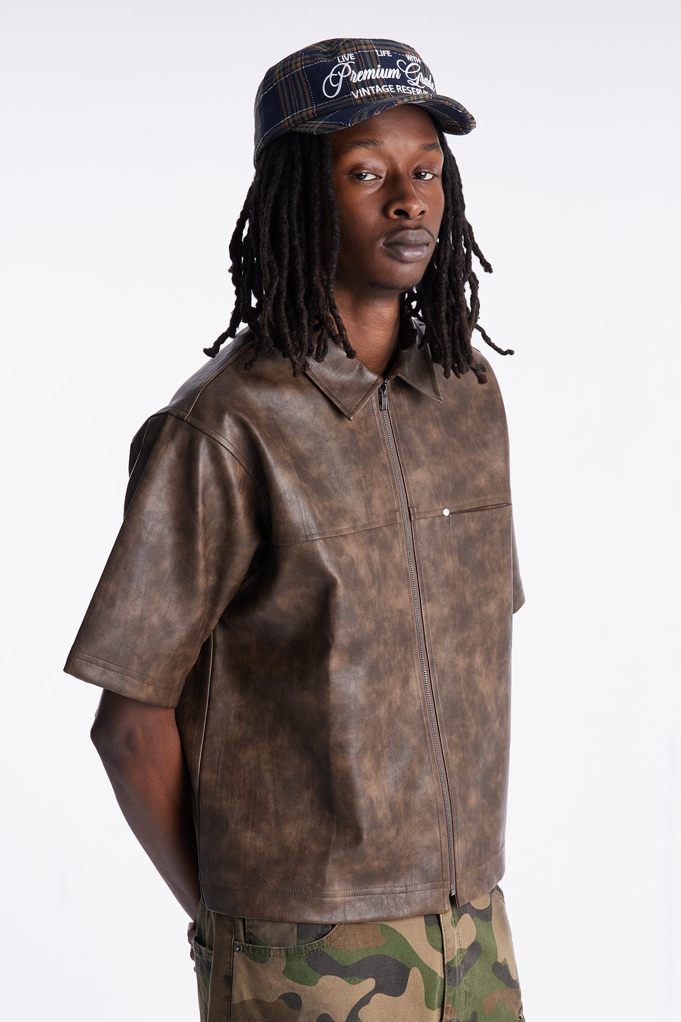 2 Stud Faux Leather Leather Zip Up Shirt - Brown