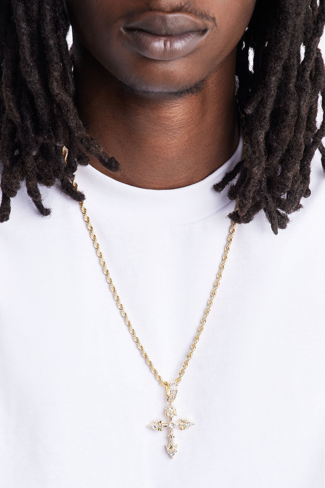 Medium Iced Cross Rope Chain Necklace - Gold