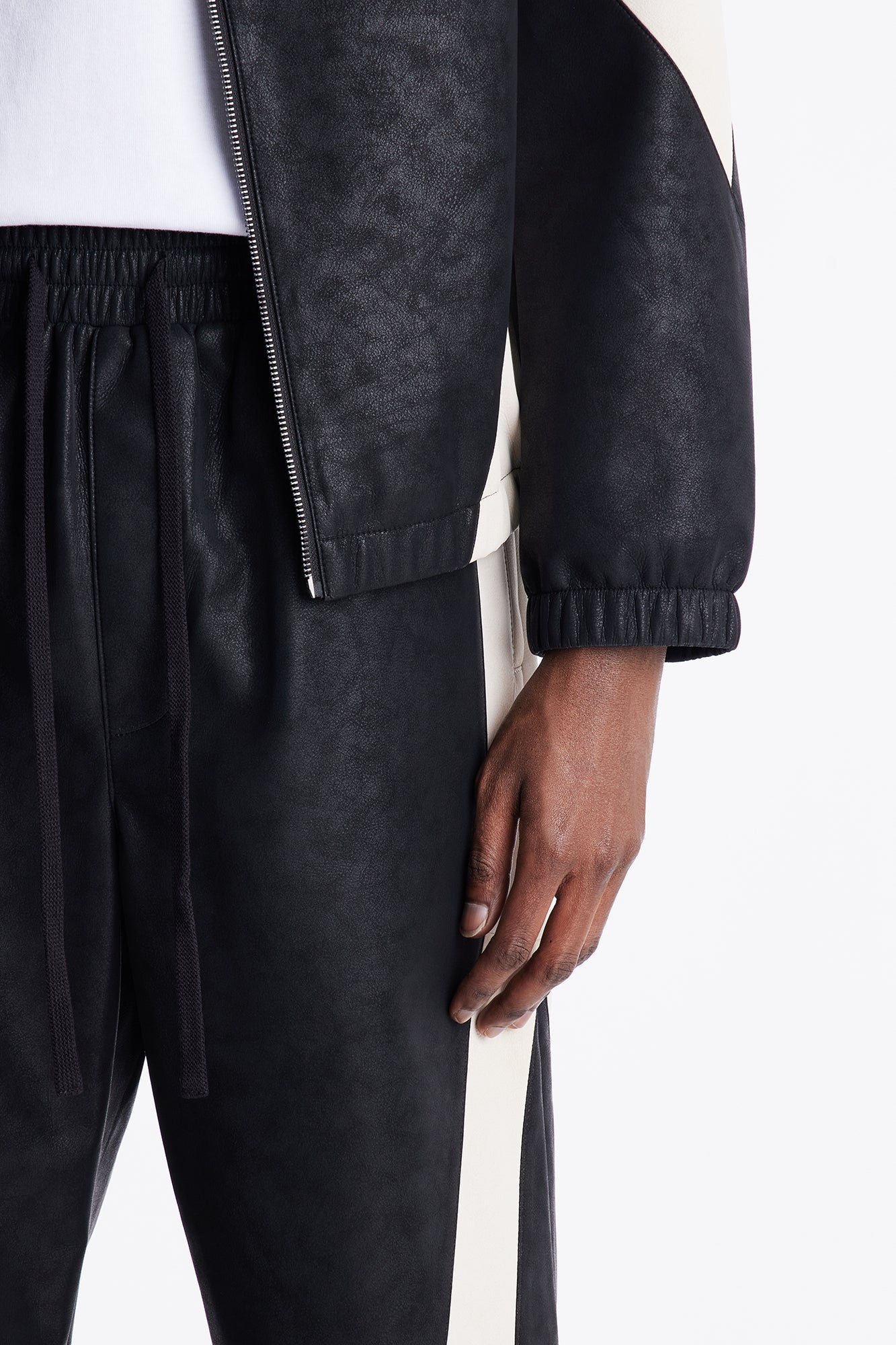 Baggy Faux Leather Maze Paneled Track Pant - Black