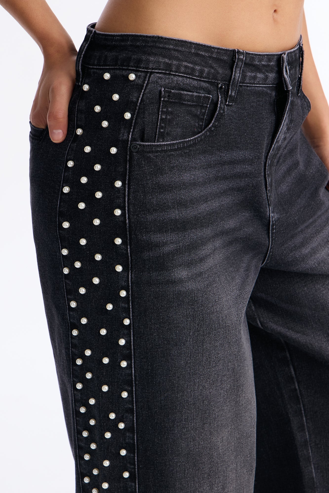 Pearls Of Wisdom Embellished Wide Leg Jeans - Black Wash