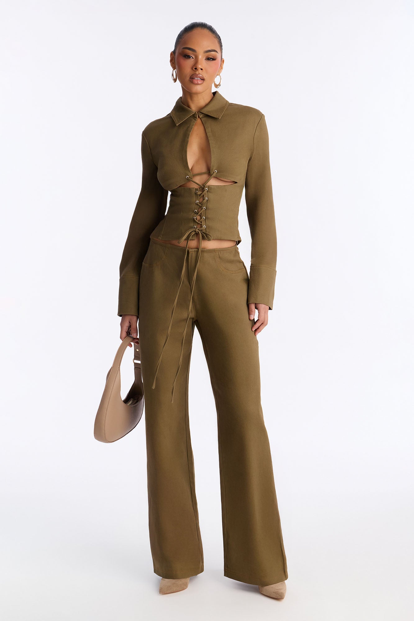 Avina Twill Lace Up Pant Set - Olive