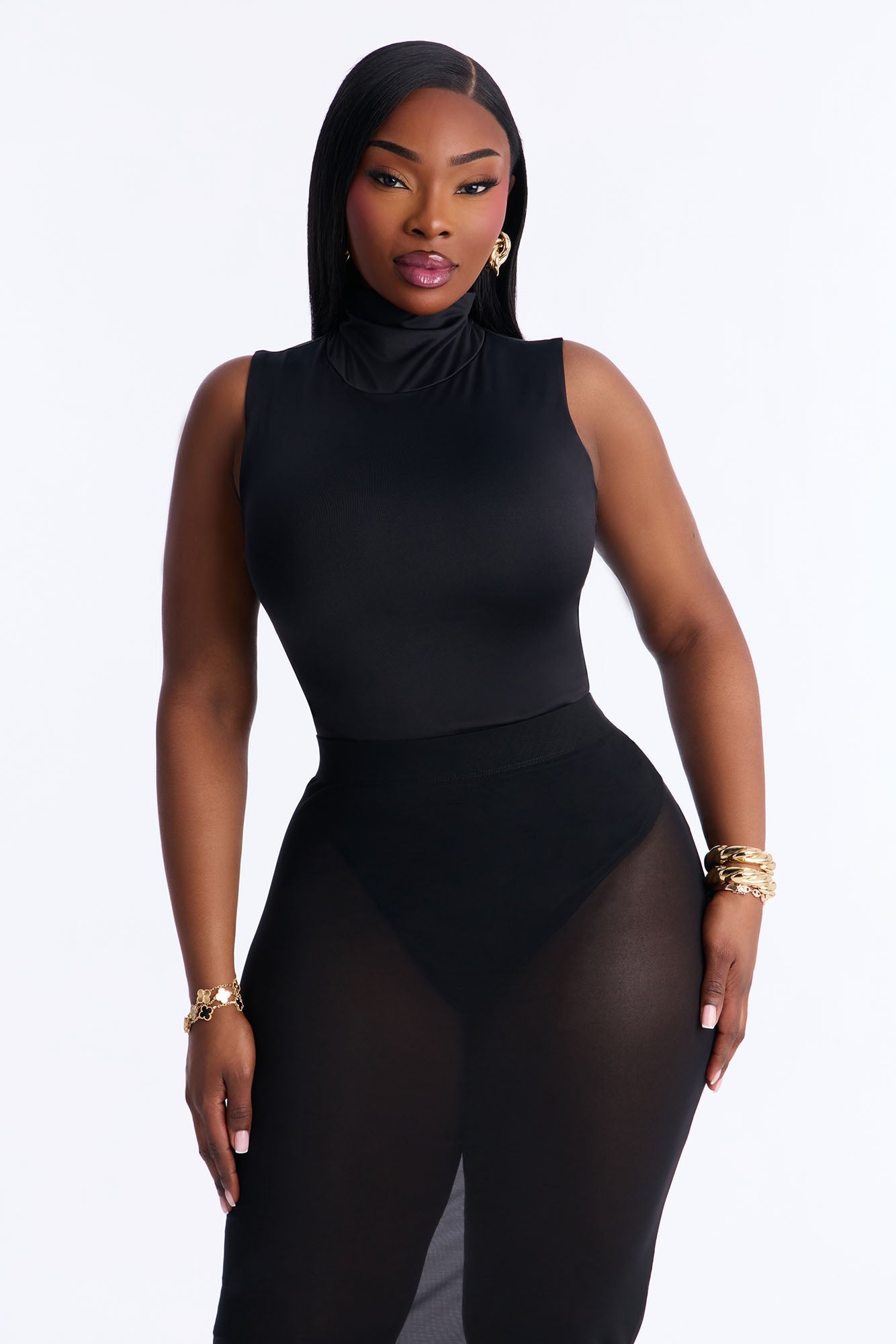 Contour Bodysuit And Power Mesh Maxi Skirt Set - Black