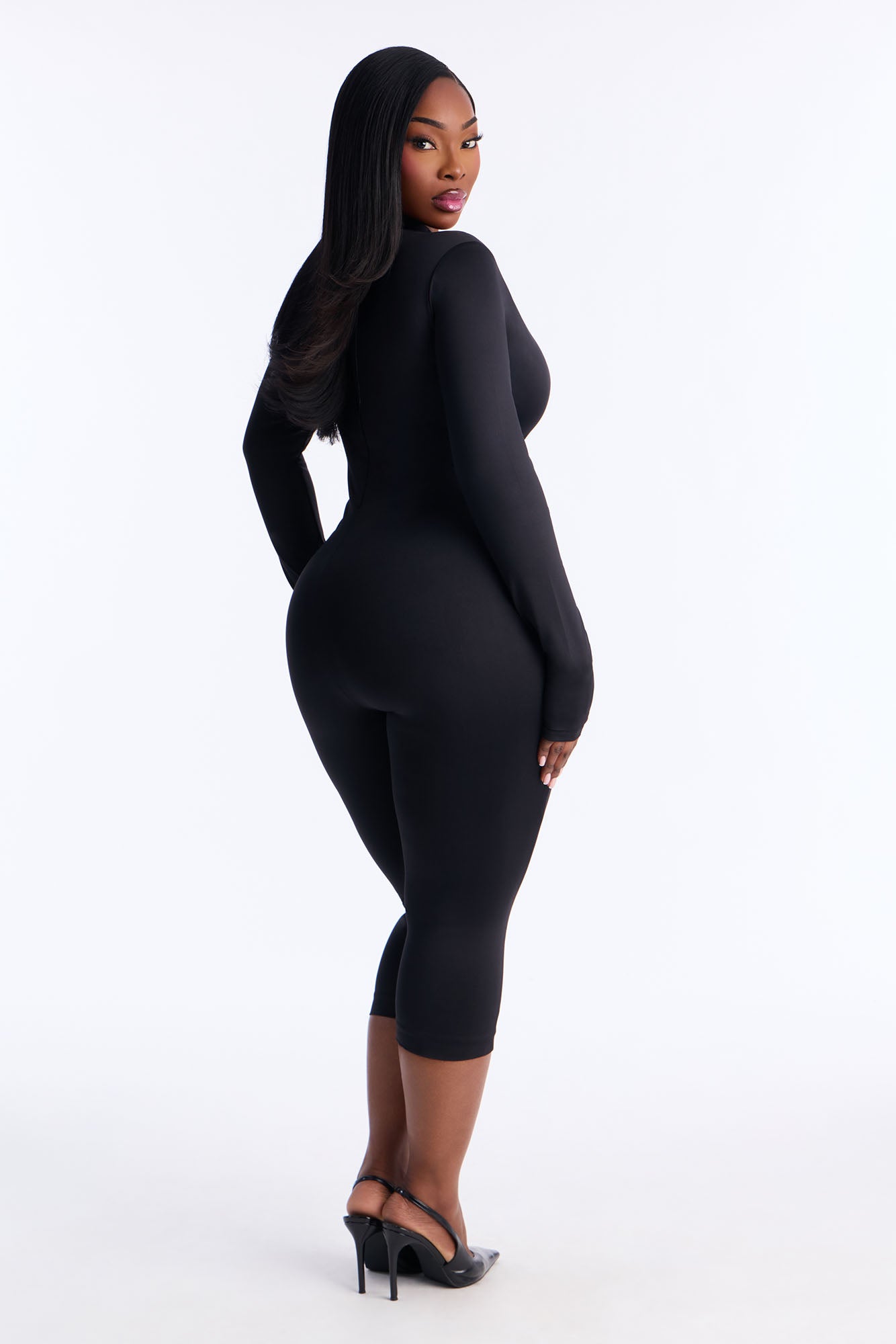 Contour Double Lined Mock Neck Capri Jumpsuit - Black