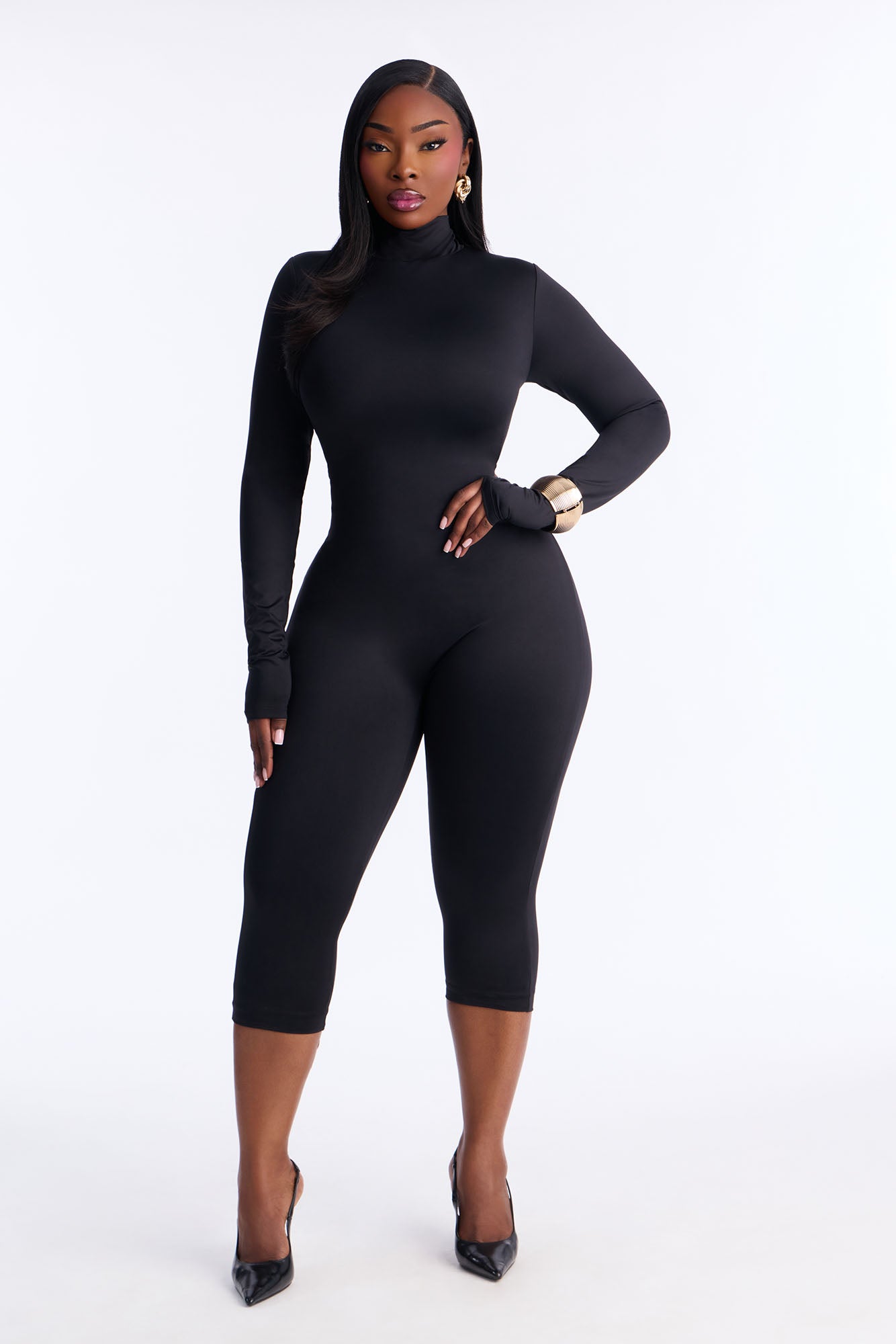 Contour Double Lined Mock Neck Capri Jumpsuit - Black