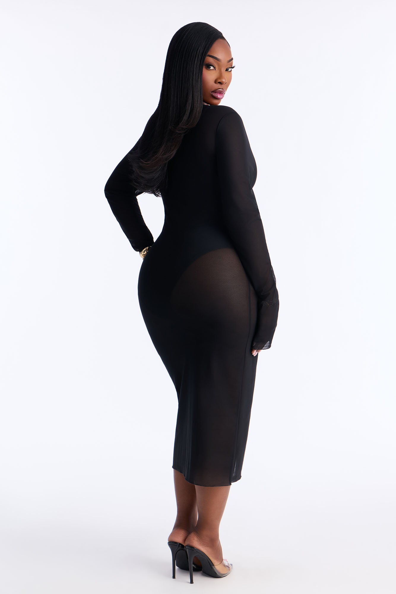 Power Mesh Long Sleeve Midi Dress - Black