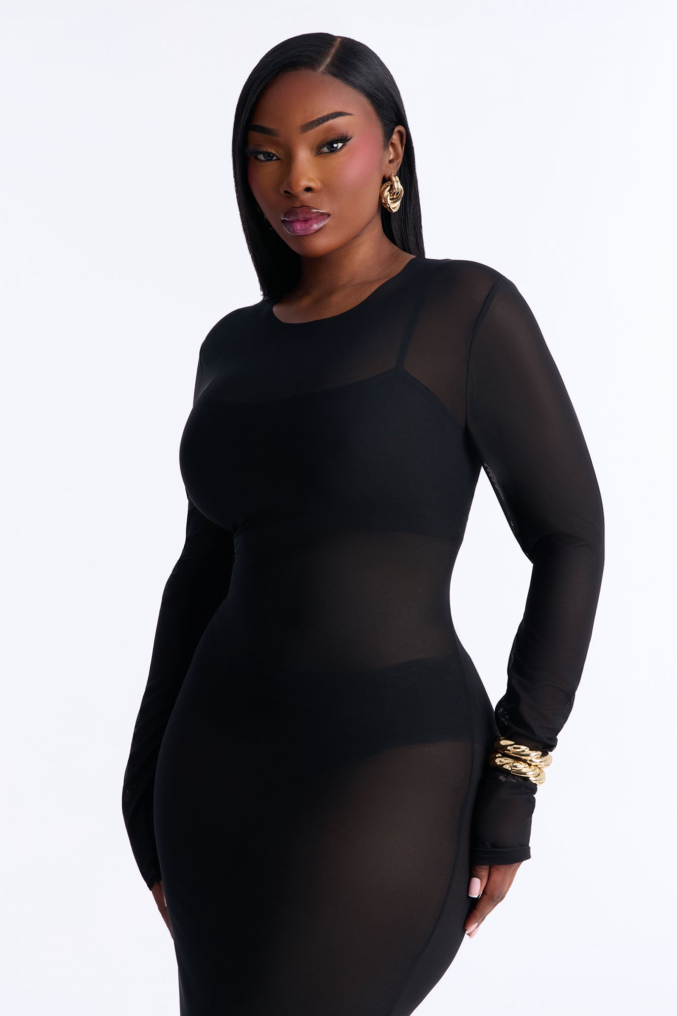 Power Mesh Long Sleeve Midi Dress - Black