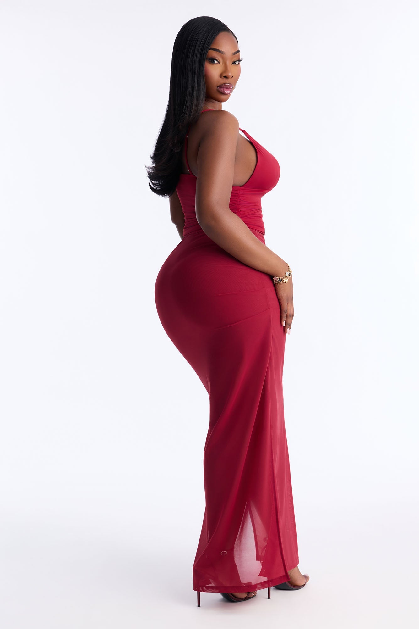 Power Mesh Ruched Maxi Skirt - DarkRed