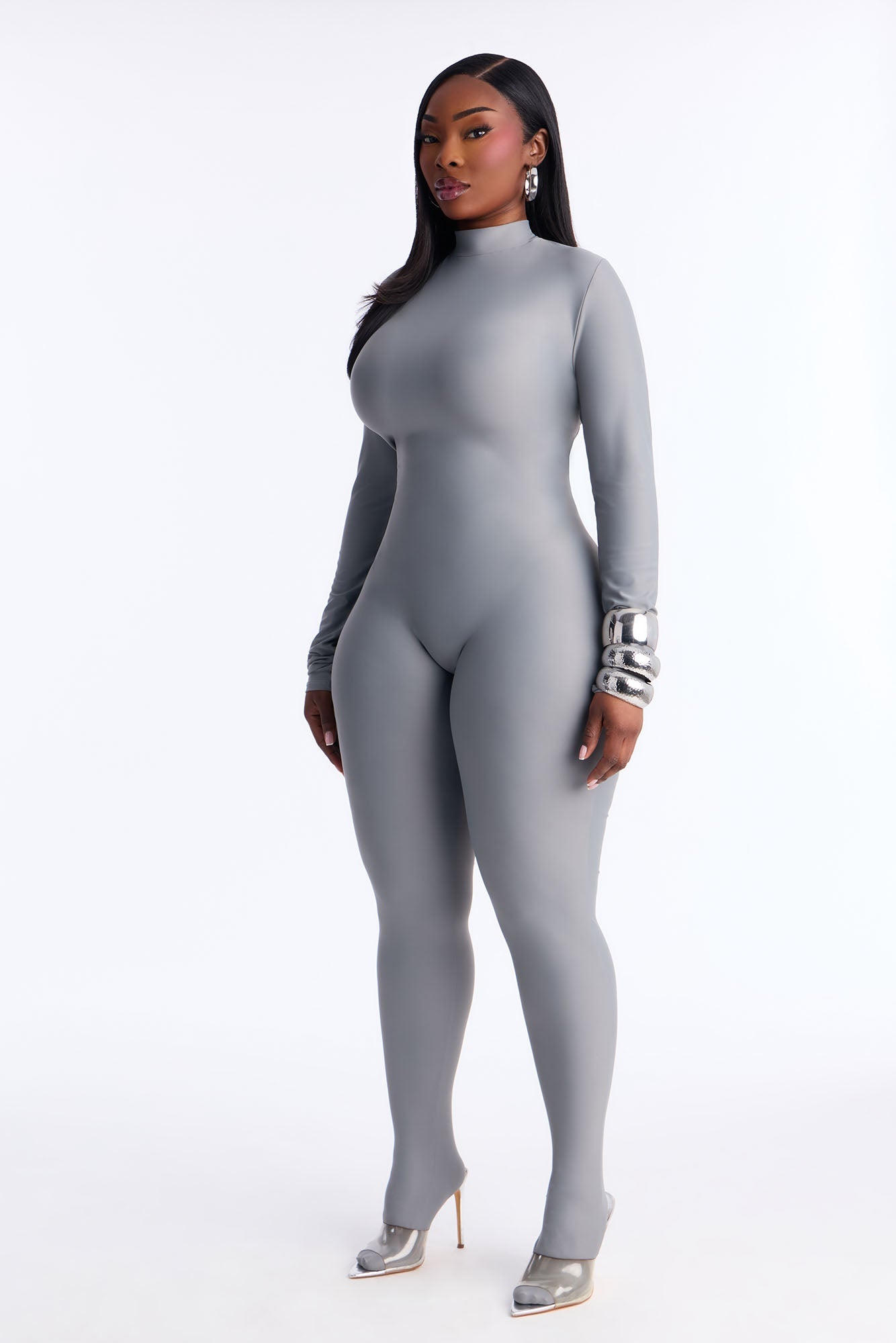 Francesca Mock Neck Footed Catsuit - Grey