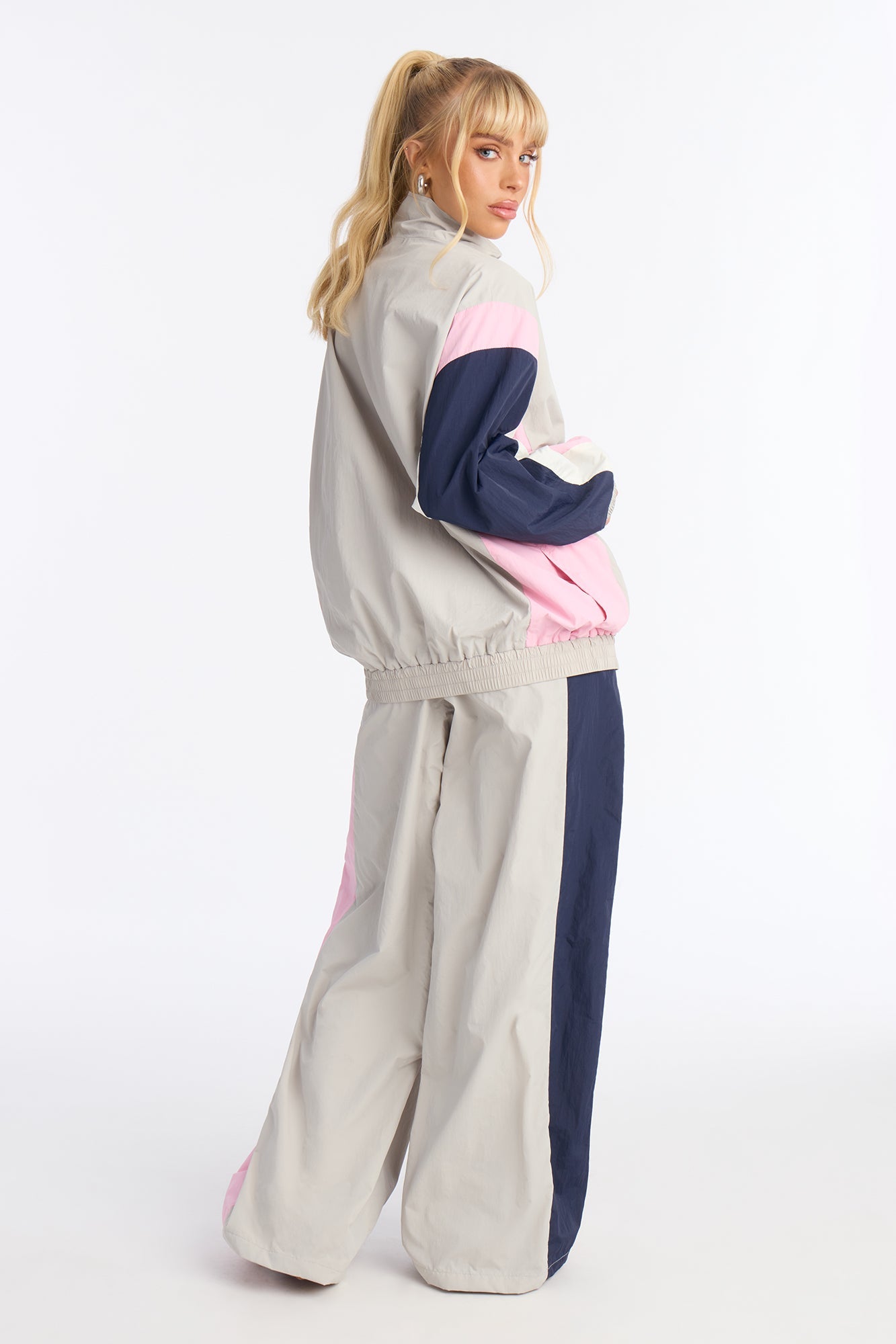 Caroline Nylon Zip Up Wide Leg Pant Set - Grey/combo