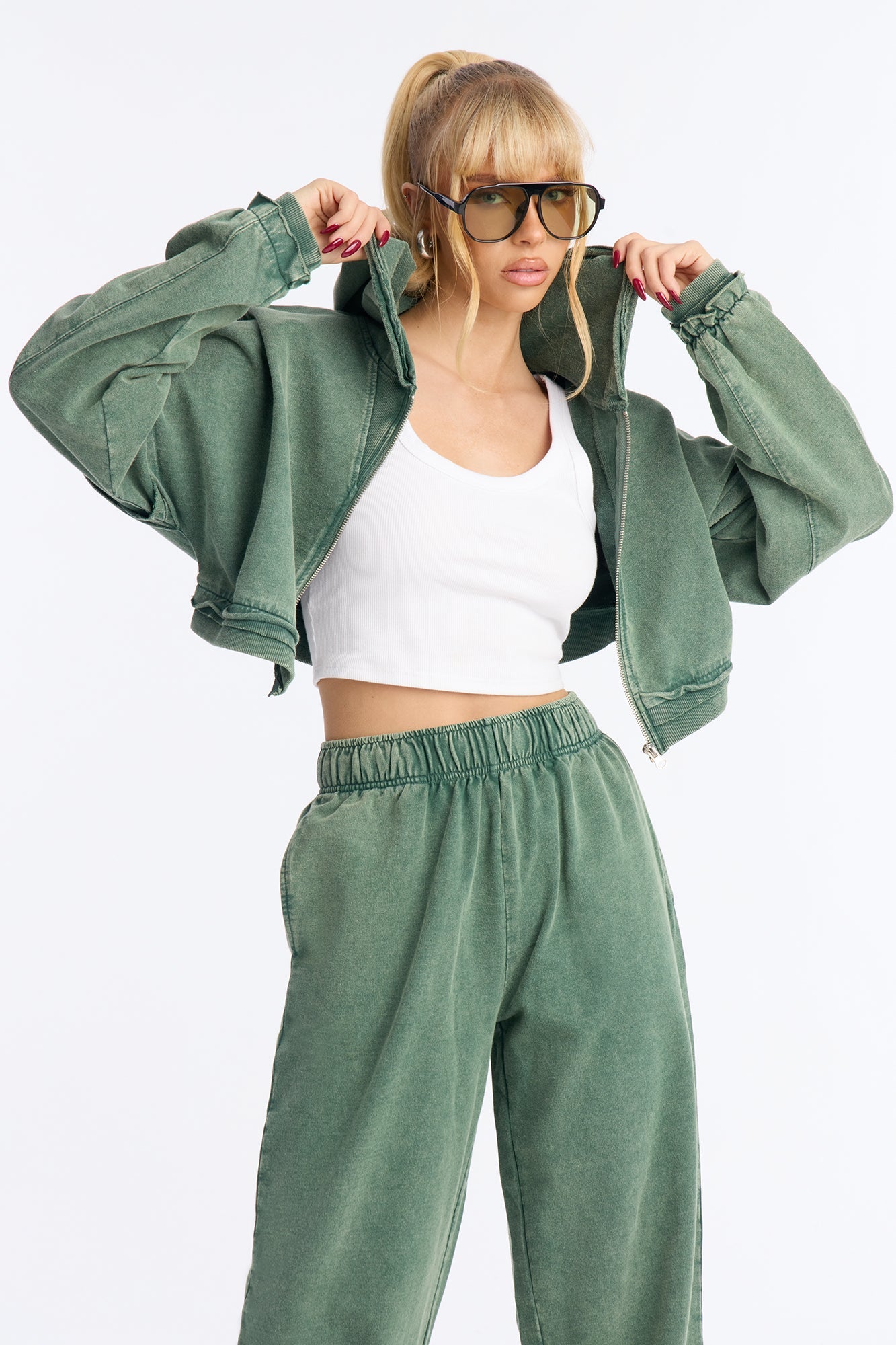 Keep It Cute Cropped Sweatshirt Zip Up - Olive